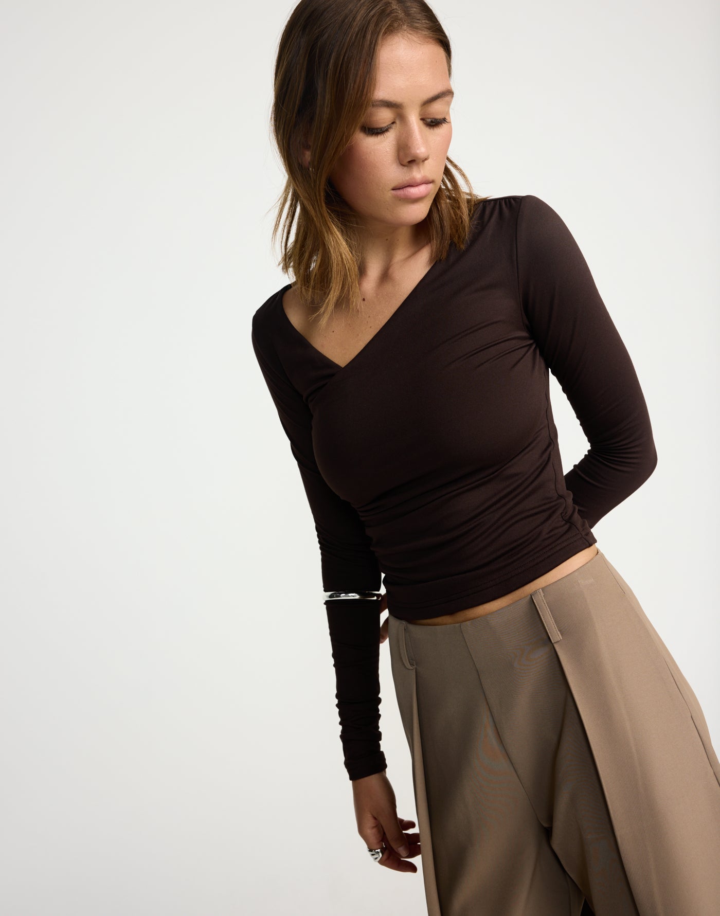 Twyla Long Sleeve Top (Chocolate) | CHARCOAL EXCLUSIVE | Wrap style asymmetrical V-neckline long sleeve top - Women's Top - Charcoal Clothing
