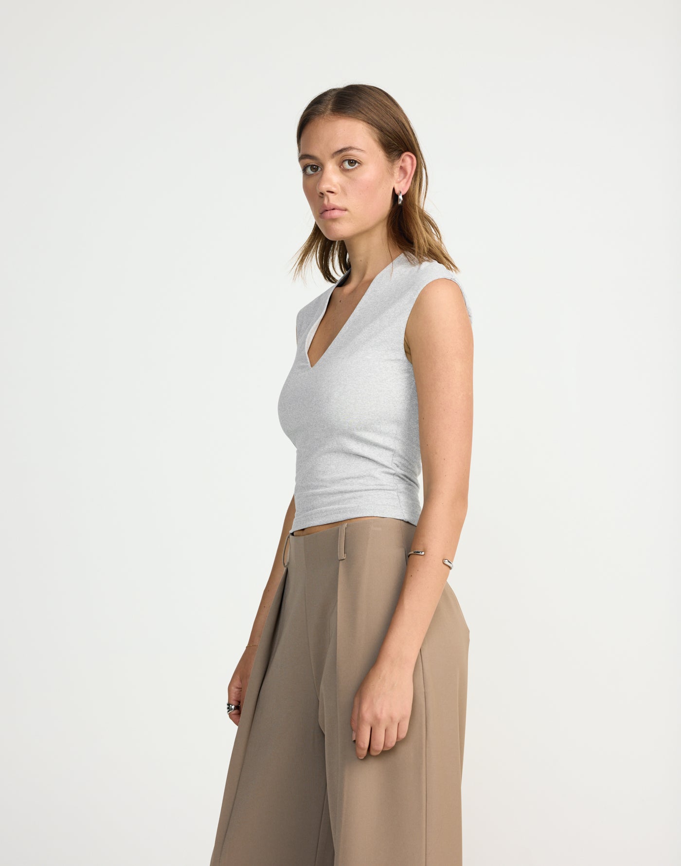 Deka Top (Grey Marle) | CHARCOAL EXCLUSIVE | V-neckline jersey fabrication fitted top - Women's Top - Charcoal Clothing