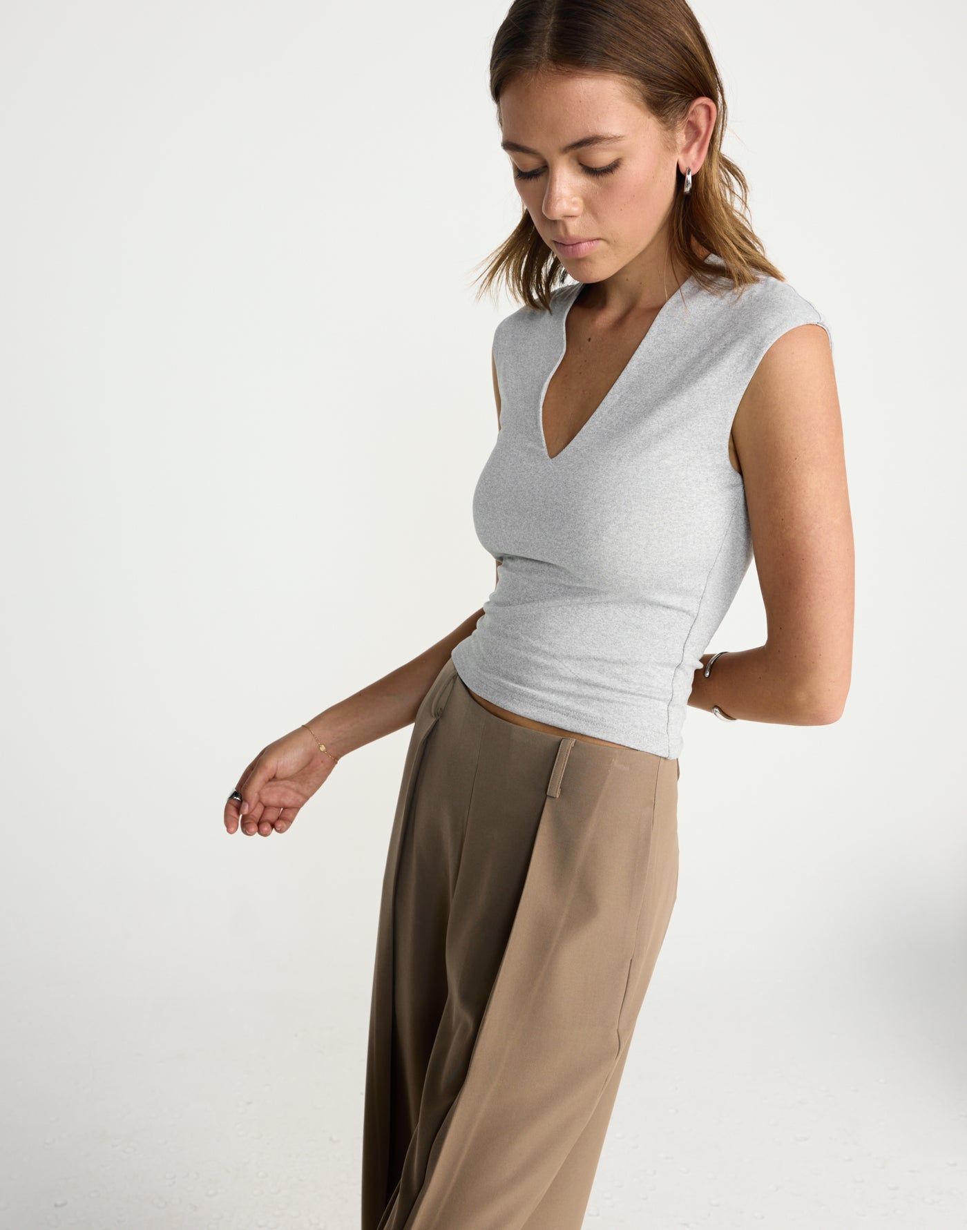Deka Top (Grey Marle) | CHARCOAL EXCLUSIVE | V-neckline jersey fabrication fitted top - Women's Top - Charcoal Clothing
