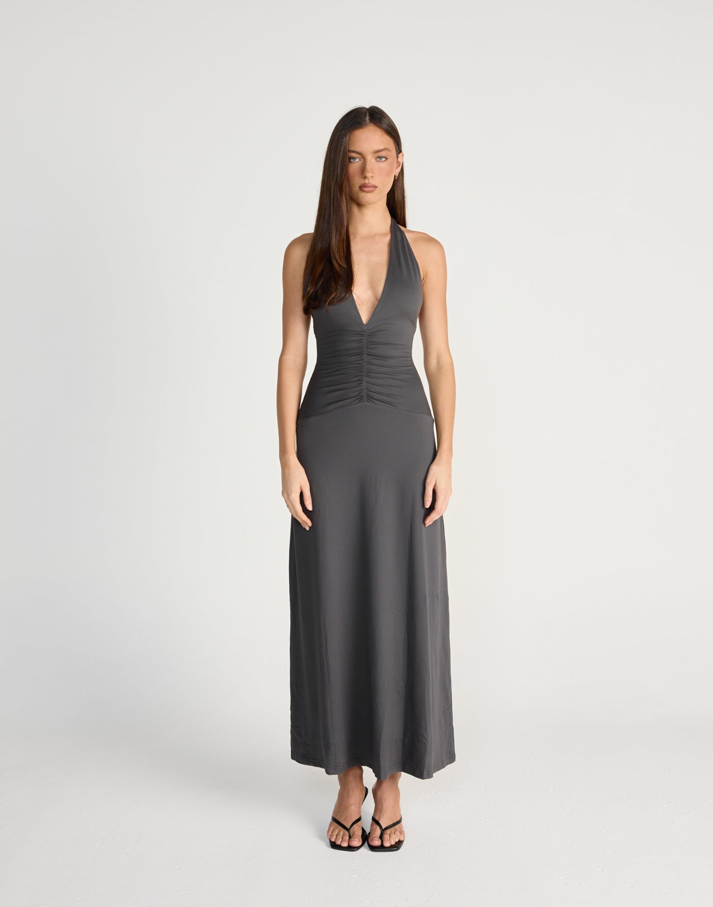 Araminta Maxi Dress (Slate) - CHARCOAL EXCLUSIVE - Black maxi dress with adjustable tie up halter - Women's Dress - Charcoal Clothing