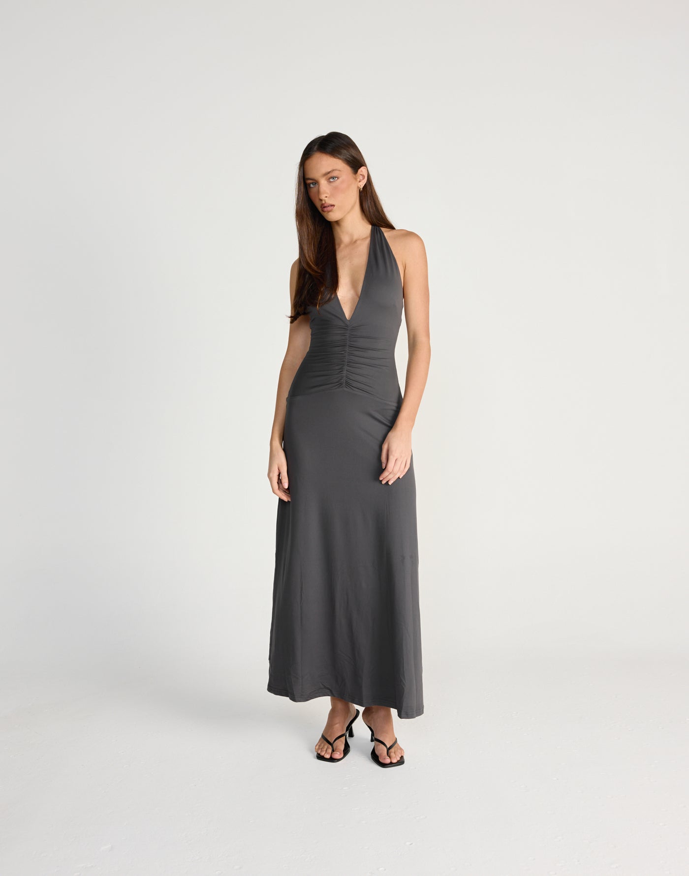 Araminta Maxi Dress (Slate) - CHARCOAL EXCLUSIVE - Black maxi dress with adjustable tie up halter - Women's Dress - Charcoal Clothing