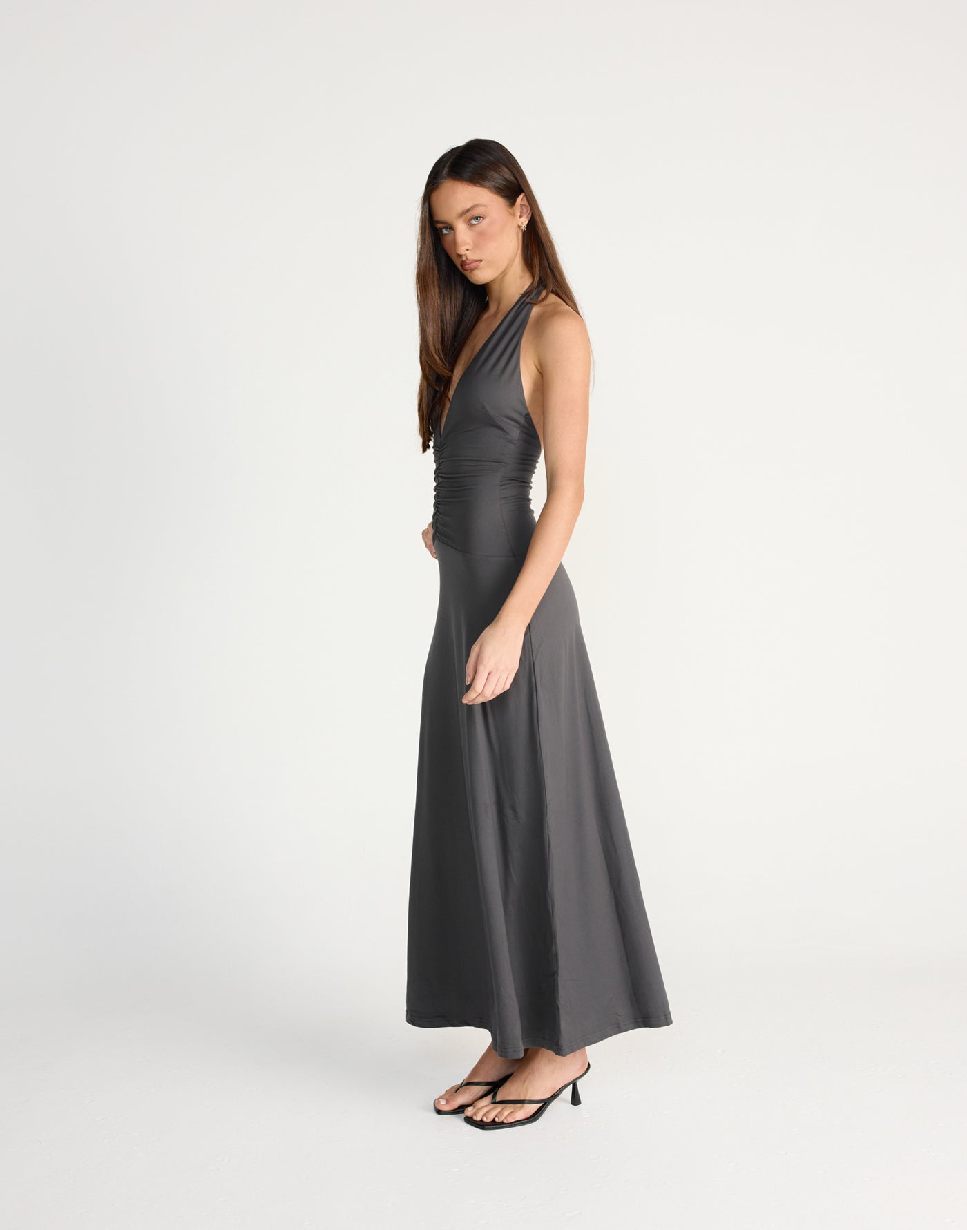 Araminta Maxi Dress (Slate) - CHARCOAL EXCLUSIVE - Black maxi dress with adjustable tie up halter - Women's Dress - Charcoal Clothing
