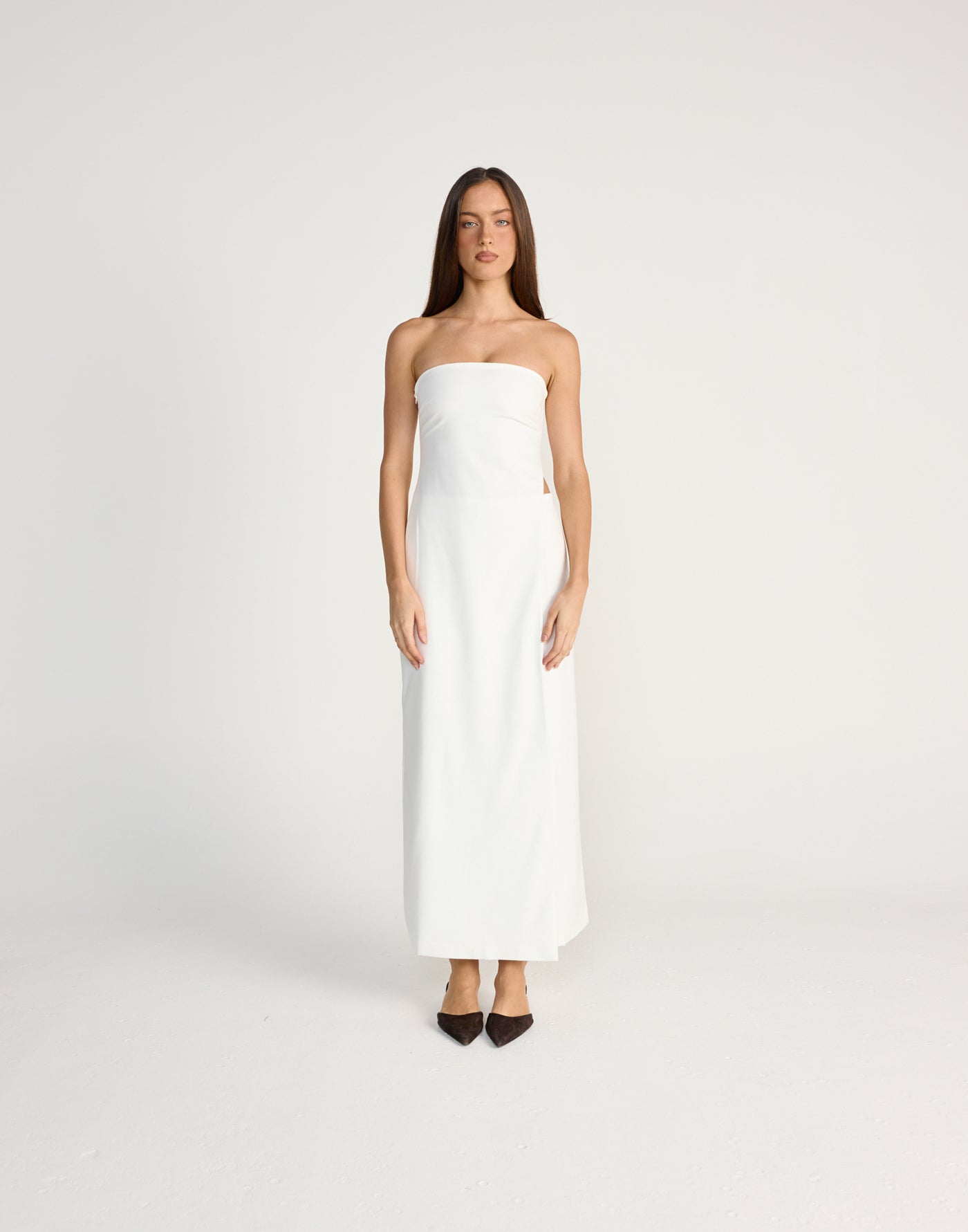 Mariza Maxi Dress (White) | CHARCOAL Exclusive - Wrapped layered look maxi dress, strapless neckline and side cut out - Women's Dress - Charcoal Clothing