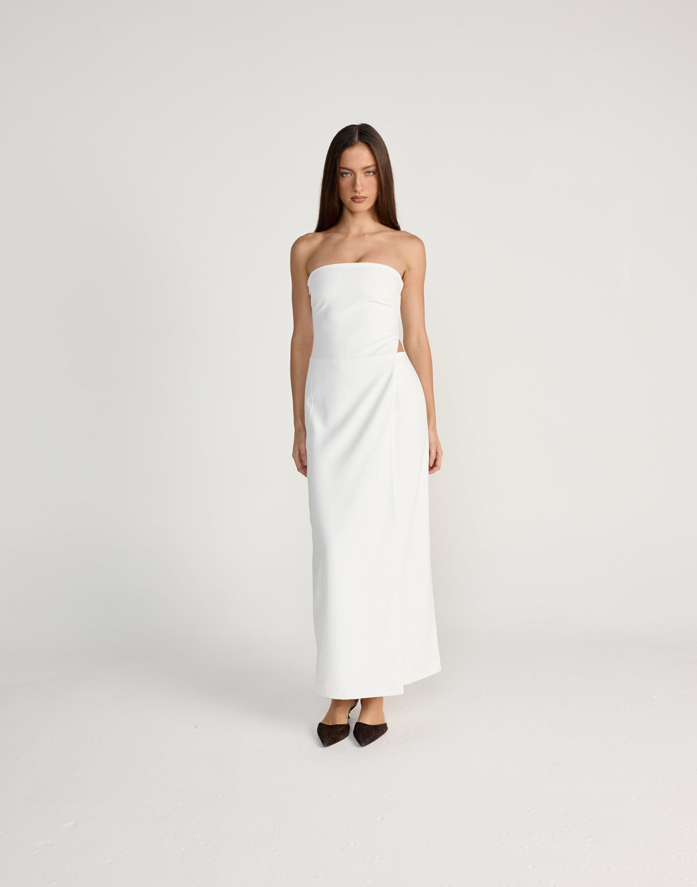 Mariza Maxi Dress (White) | CHARCOAL Exclusive - Wrapped layered look maxi dress, strapless neckline and side cut out - Women's Dress - Charcoal Clothing