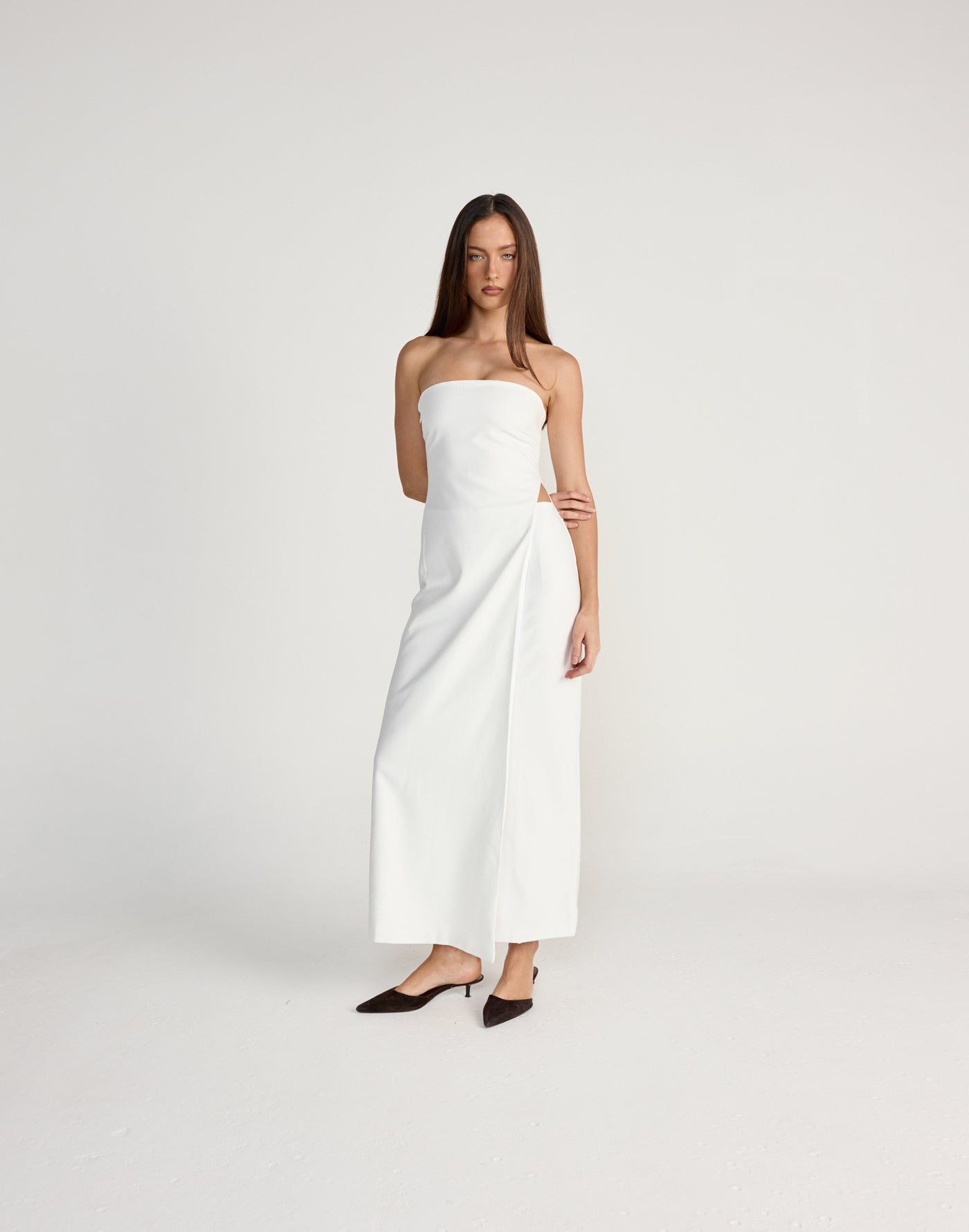 Mariza Maxi Dress (White) | CHARCOAL Exclusive - Wrapped layered look maxi dress, strapless neckline and side cut out - Women's Dress - Charcoal Clothing