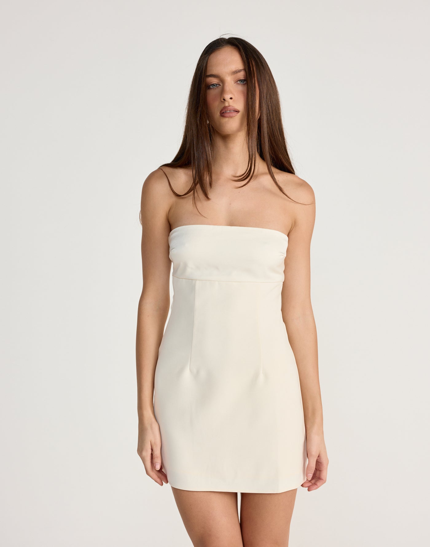 Suki Mini Dress (Cream) | CHARCOAL Exclusive - Strapless satin bust suiting fabrication mini dress - Women's Dress - Charcoal Clothing