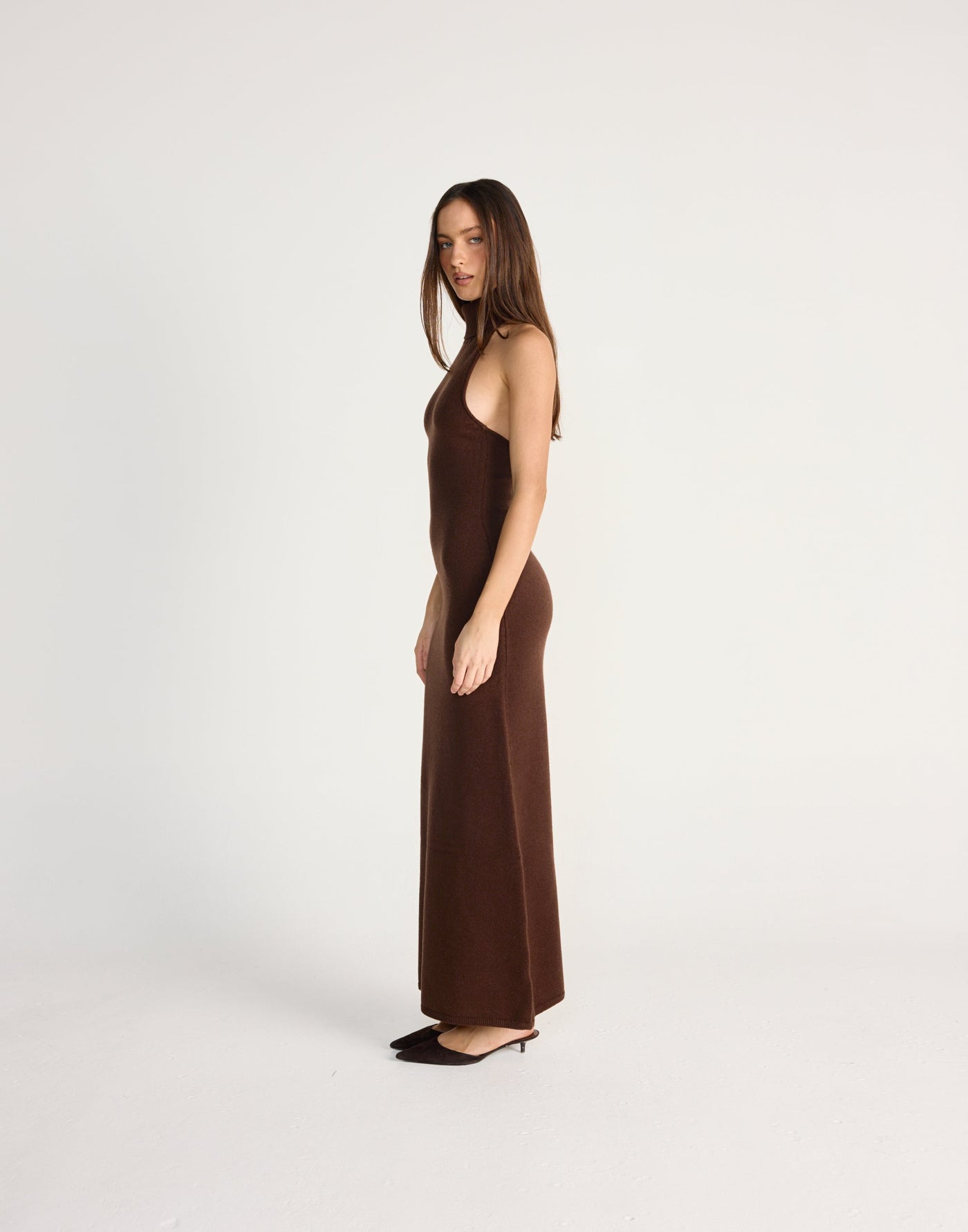 Ninette Maxi Dress (Chocolate) - CHARCOAL EXCLUSIVE - High neck low back knit maxi dress - Women's Dress - Charcoal Clothing