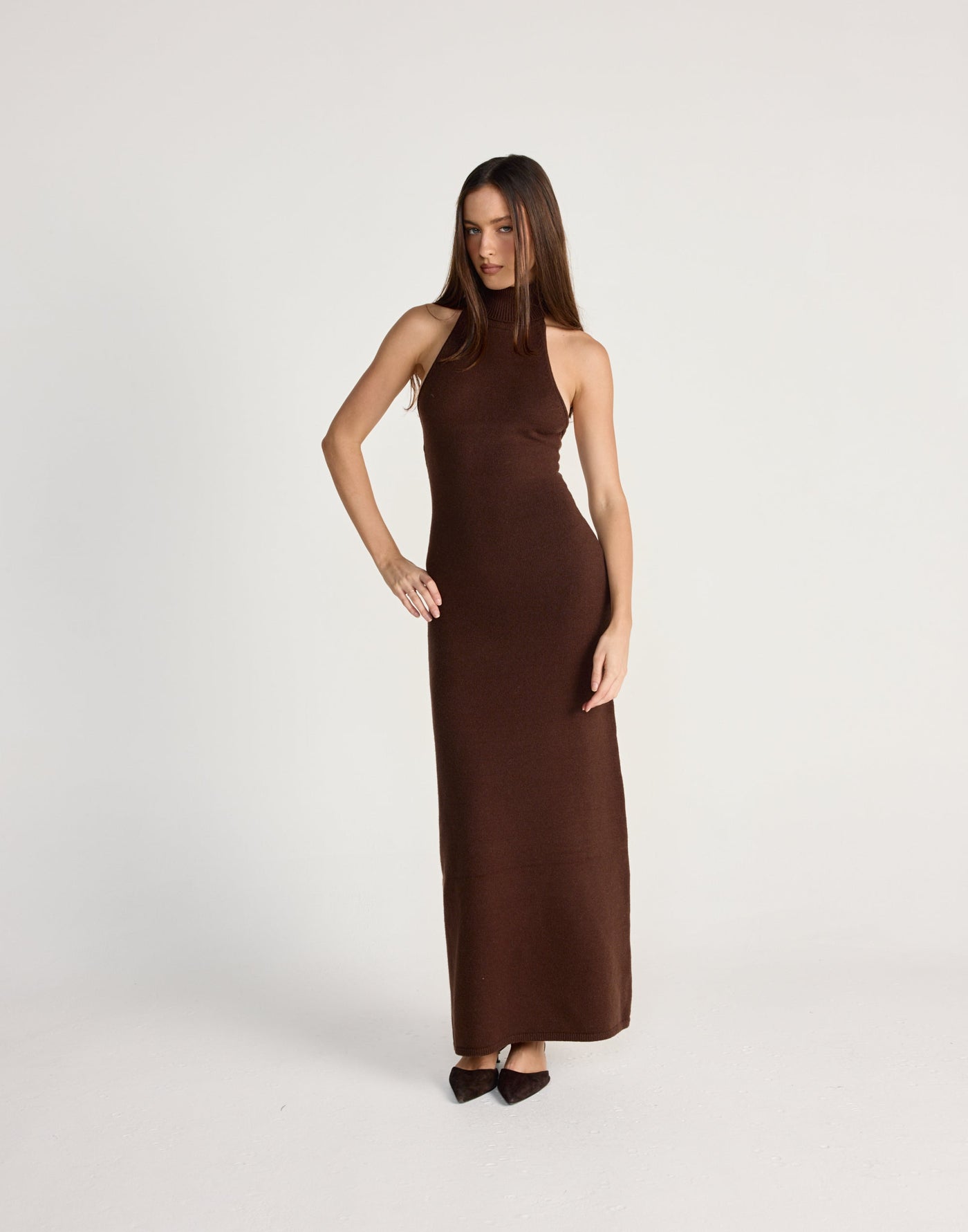 Ninette Maxi Dress (Chocolate) - CHARCOAL EXCLUSIVE - High neck low back knit maxi dress - Women's Dress - Charcoal Clothing
