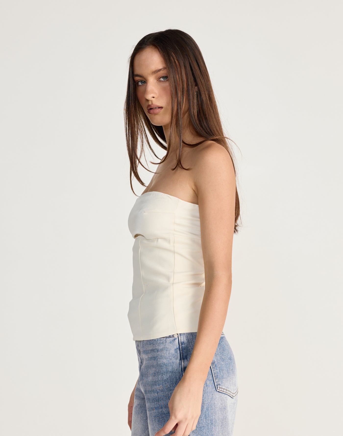 Suki Top (Cream) | CHARCOAL Exclusive - Strapless satin bust suiting fabrication top - Women's Top - Charcoal Clothing