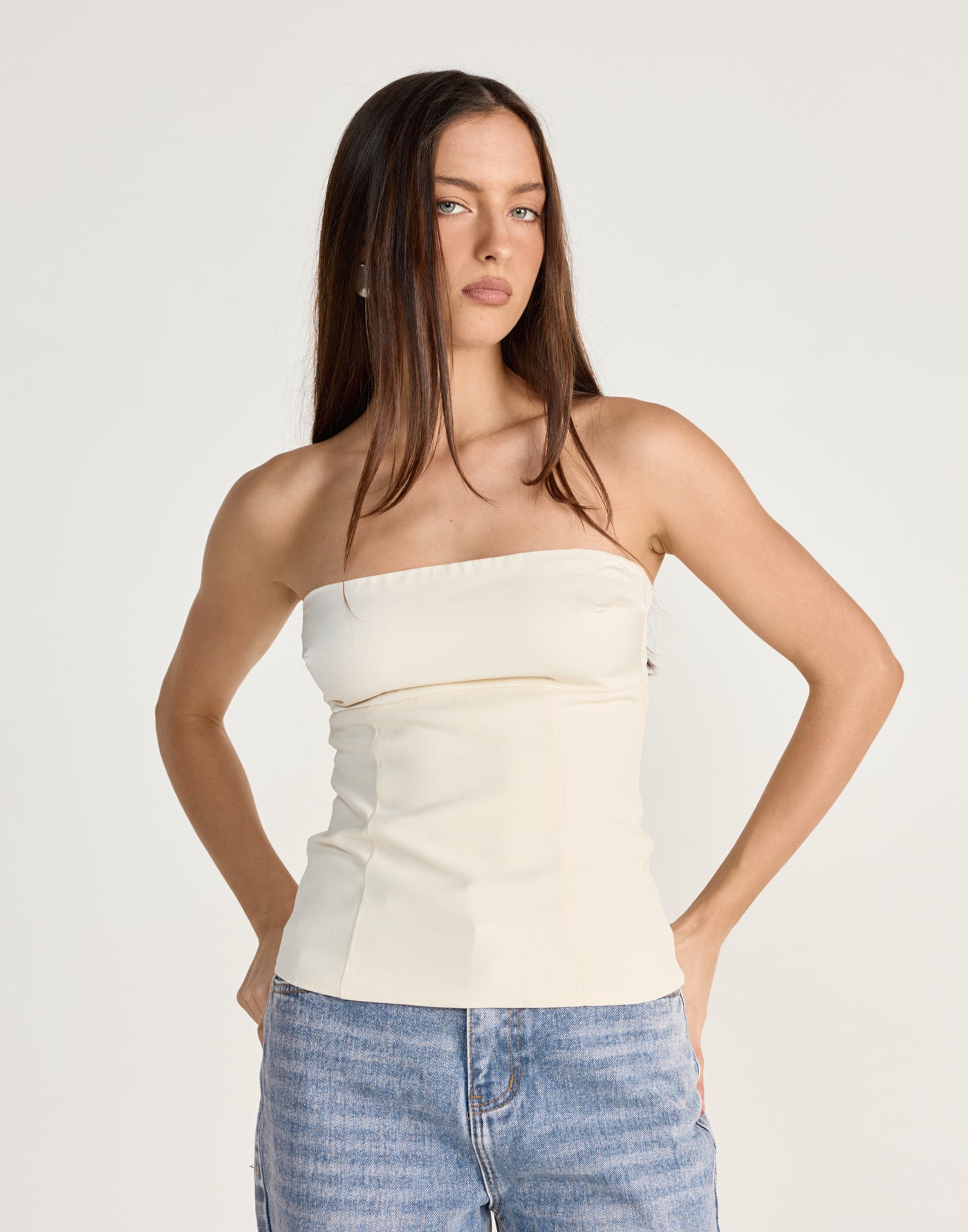 Suki Top (Cream) | CHARCOAL Exclusive - Strapless satin bust suiting fabrication top - Women's Top - Charcoal Clothing