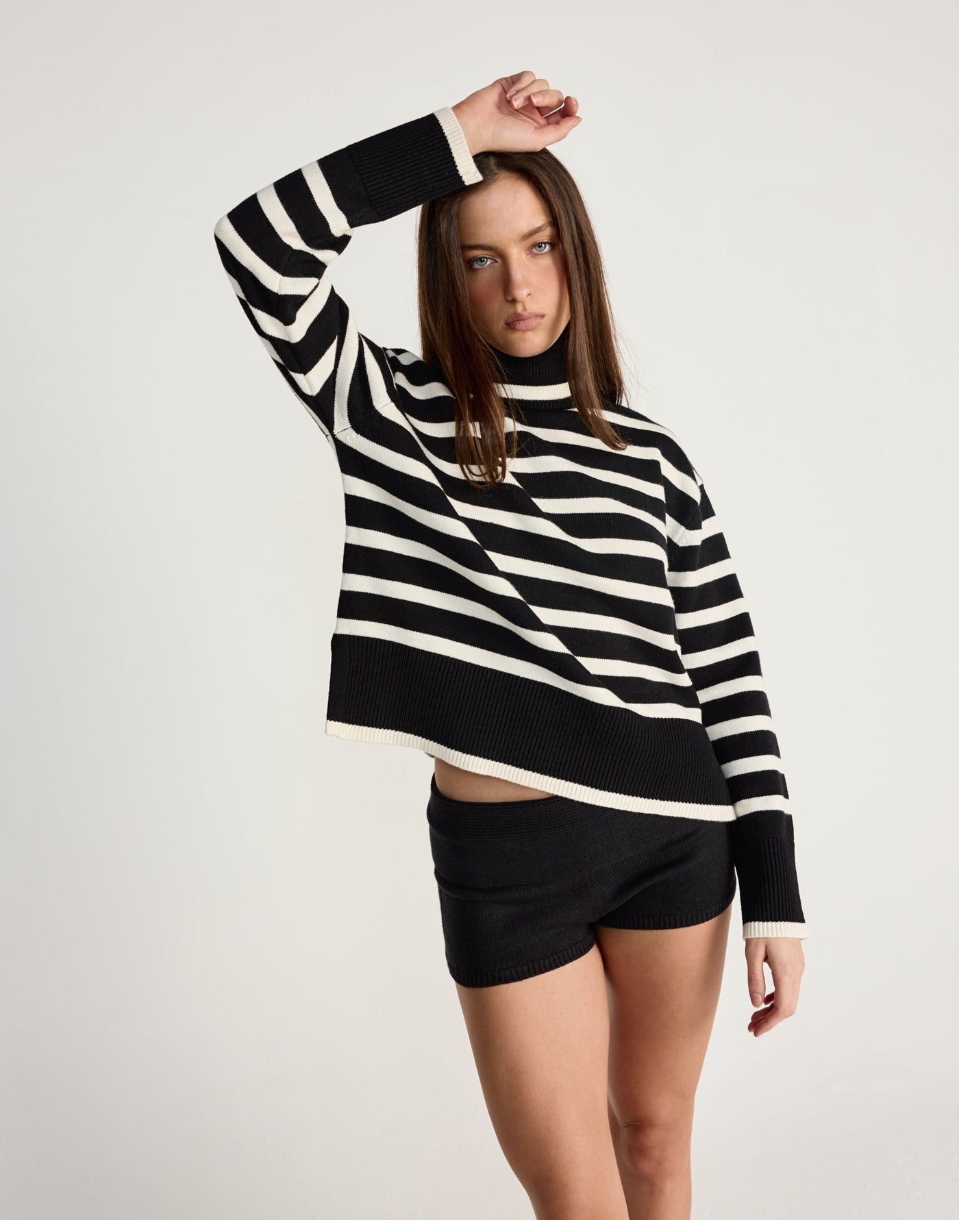 Dixie Jumper (Black/Cream) - CHARCOAL EXCLUSIVE - Fold-over turtleneck striped design jumper - Women's Outerwear - Charcoal Clothing