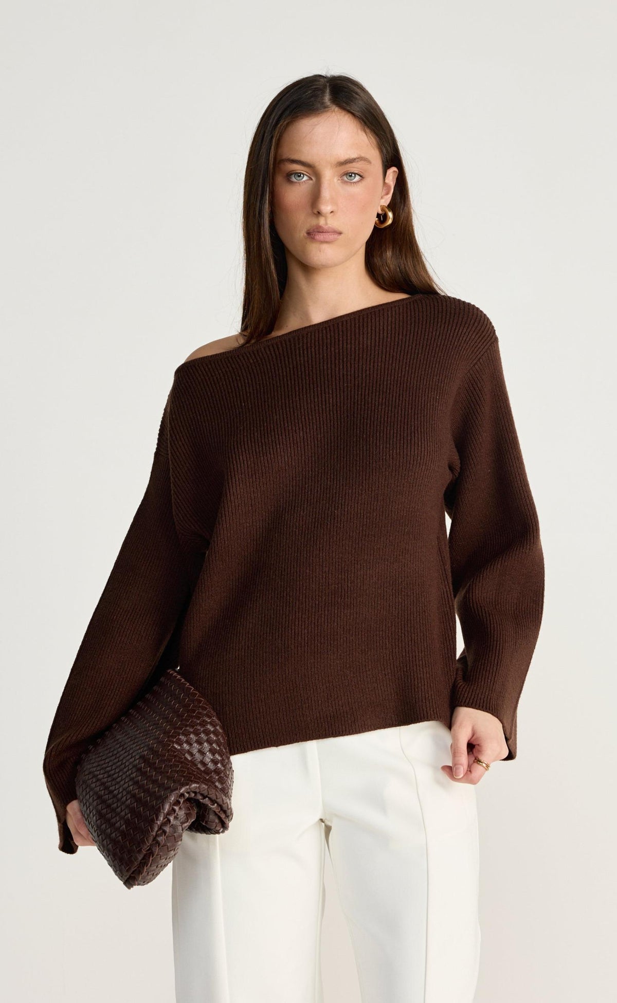 Kane Jumper (Chocolate) - CHARCOAL EXCLUSIVE - Off the shoulder knit jumper - Women's Outerwear - Charcoal Clothing