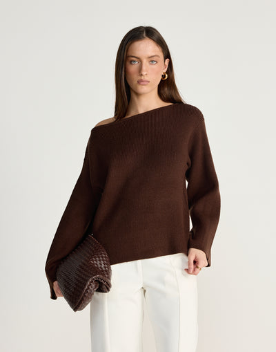 Kane Jumper (Chocolate) - CHARCOAL EXCLUSIVE - Off the shoulder knit jumper - Women's Outerwear - Charcoal Clothing