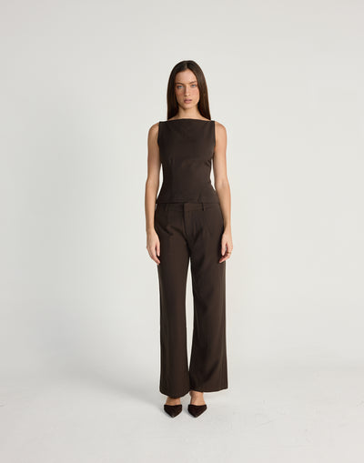 Tanner Pants (Chocolate) - CHARCOAL EXCLUSIVE - Low to mid waisted pants with pockets and slightly wide leg design - Women's Pants - Charcoal Clothing