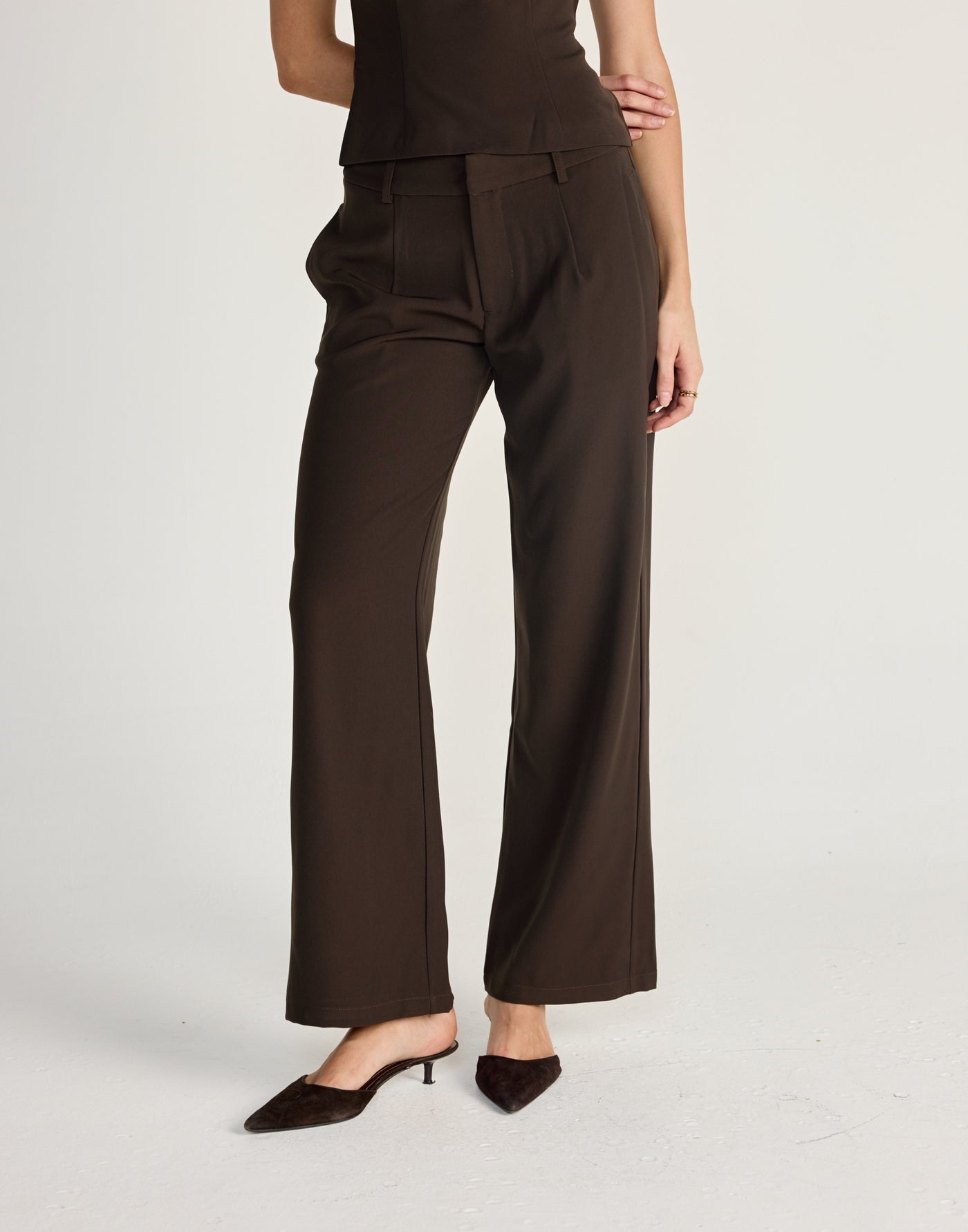 Tanner Pants (Chocolate) - CHARCOAL EXCLUSIVE - Low to mid waisted pants with pockets and slightly wide leg design - Women's Pants - Charcoal Clothing