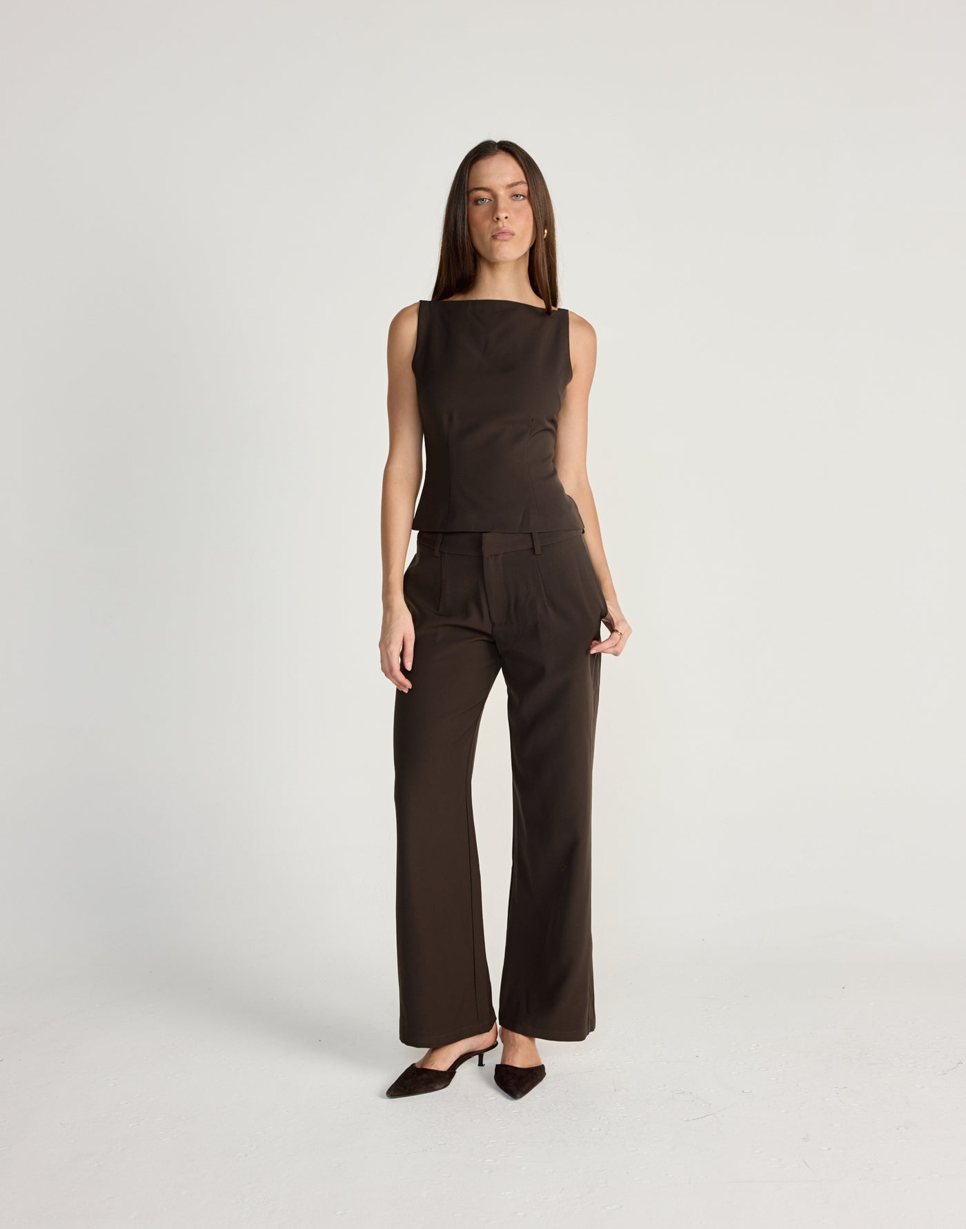 Tanner Pants (Chocolate) - CHARCOAL EXCLUSIVE - Low to mid waisted pants with pockets and slightly wide leg design - Women's Pants - Charcoal Clothing