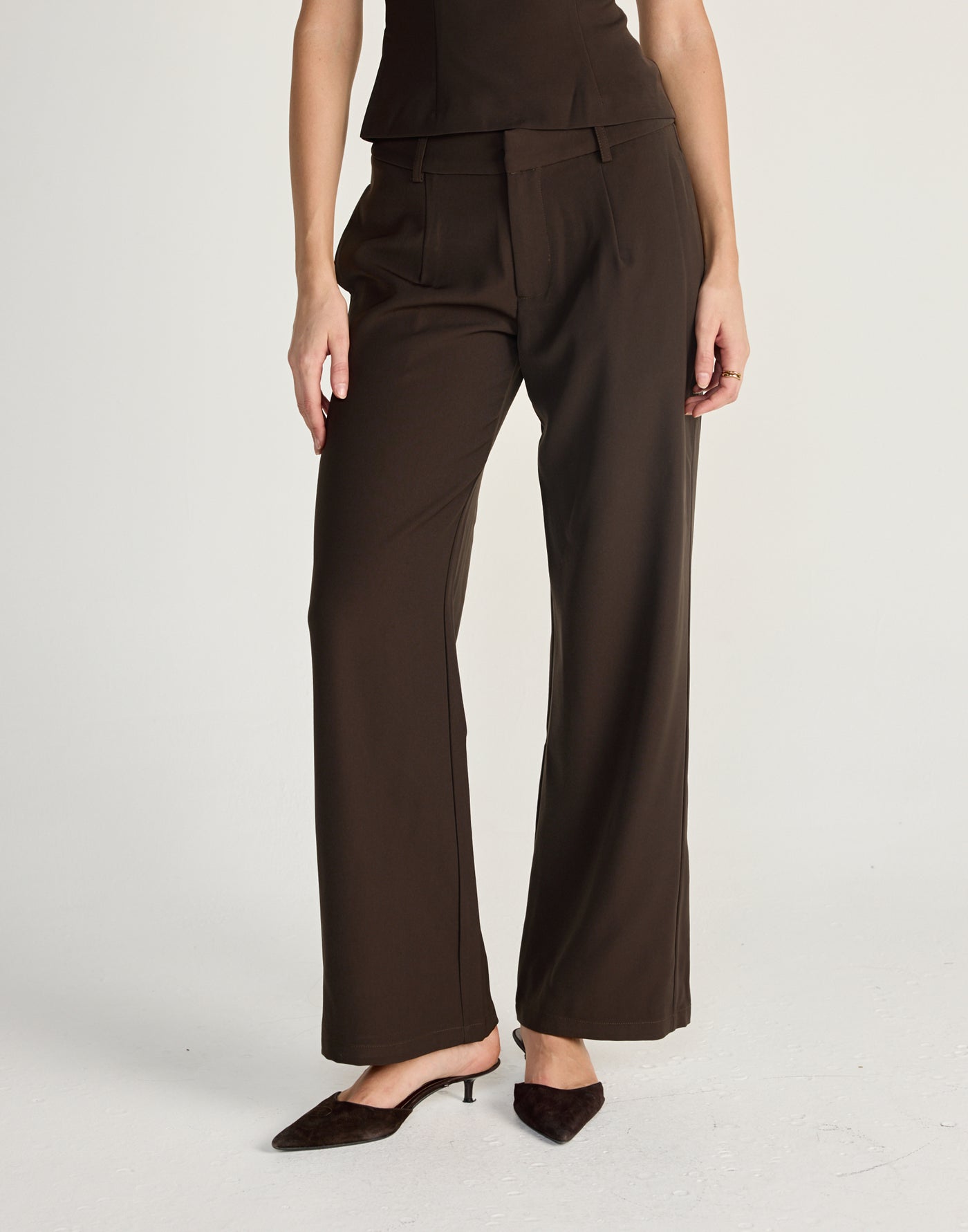 Tanner Pants (Chocolate) - CHARCOAL EXCLUSIVE - Low to mid waisted pants with pockets and slightly wide leg design - Women's Pants - Charcoal Clothing