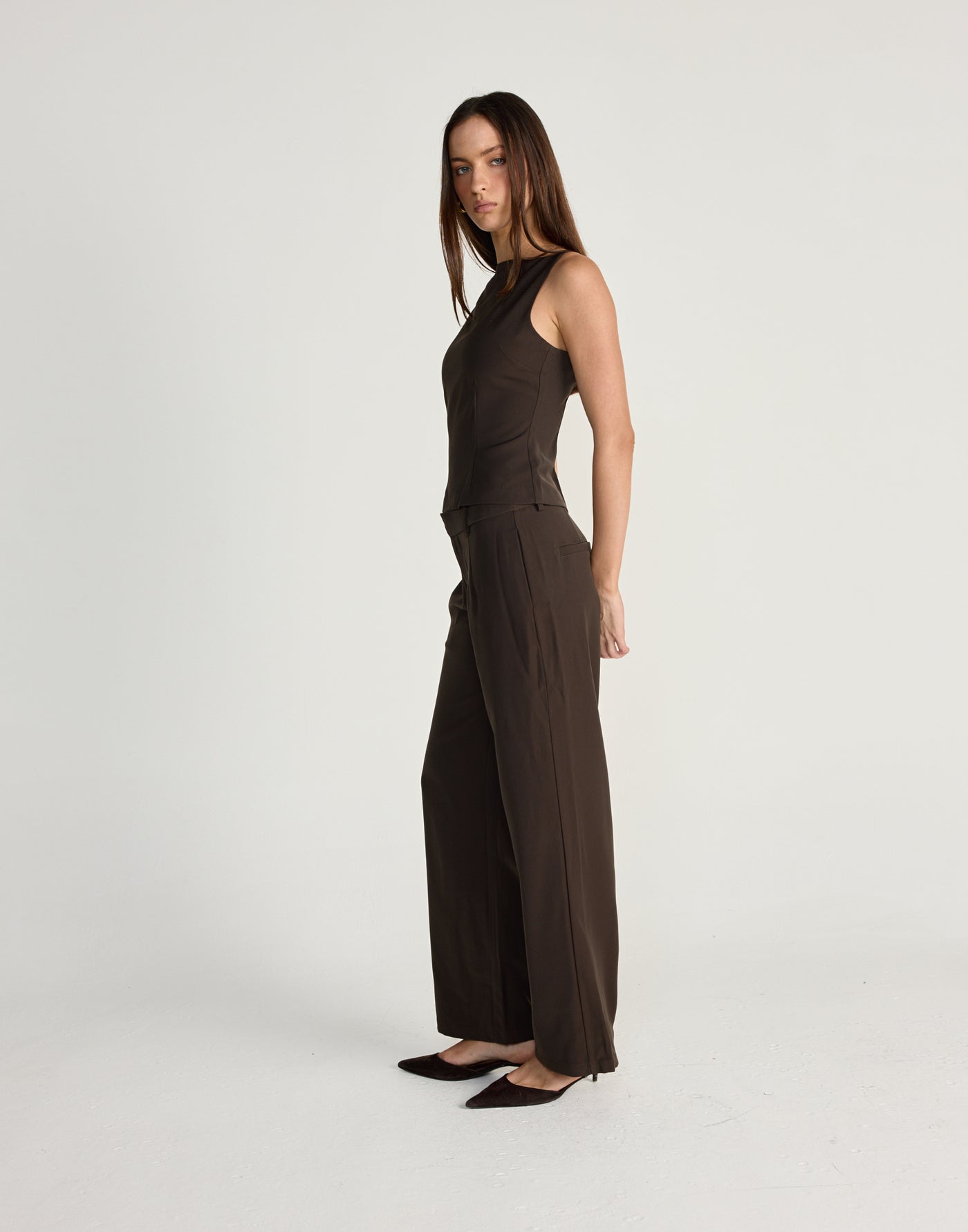 Tanner Pants (Chocolate) - CHARCOAL EXCLUSIVE - Low to mid waisted pants with pockets and slightly wide leg design - Women's Pants - Charcoal Clothing