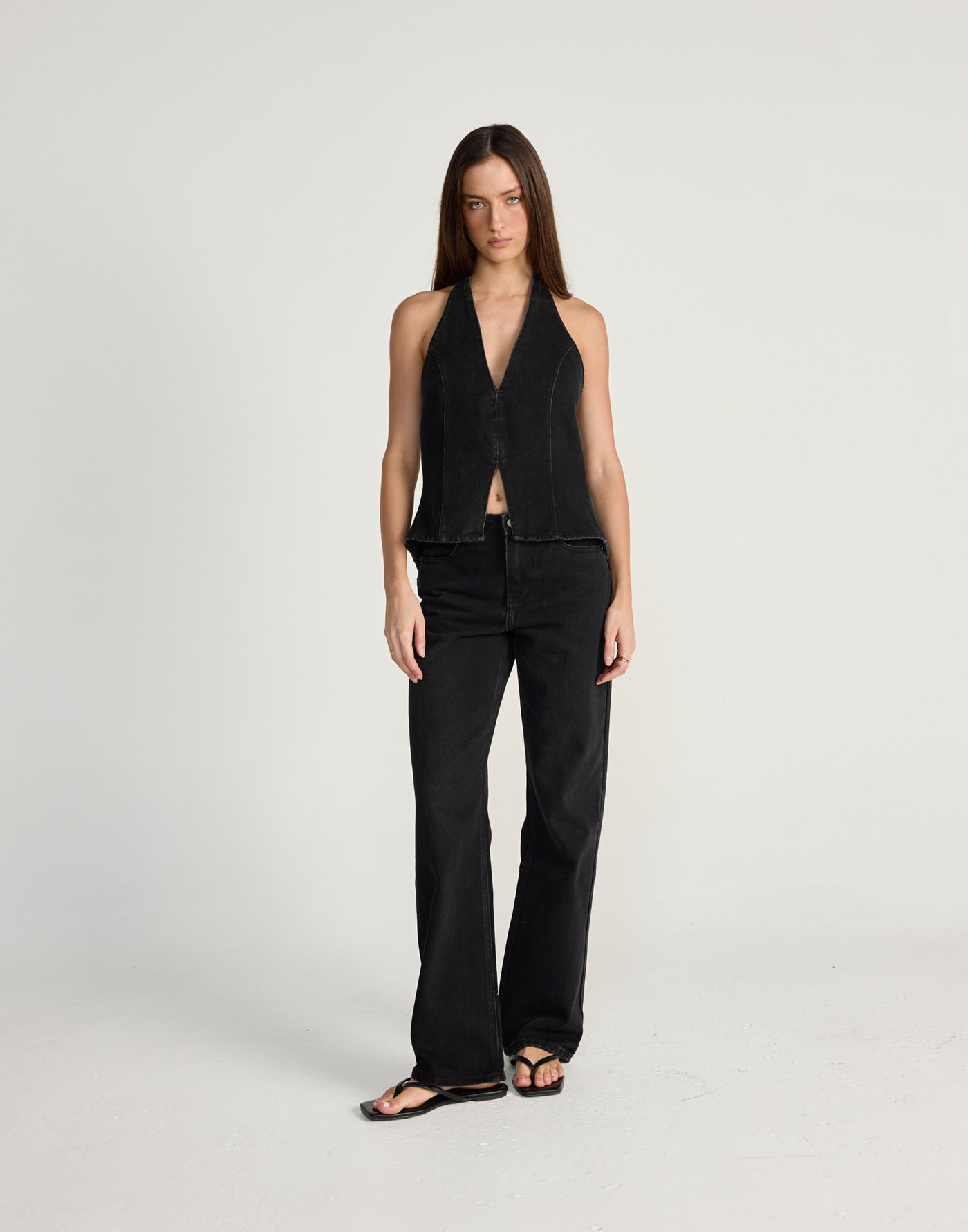 Elham Denim Top (Vintage Black) | CHARCOAL Exclusive - Denim halter neck top with adjustable tie up back - Women's Top - Charcoal Clothing