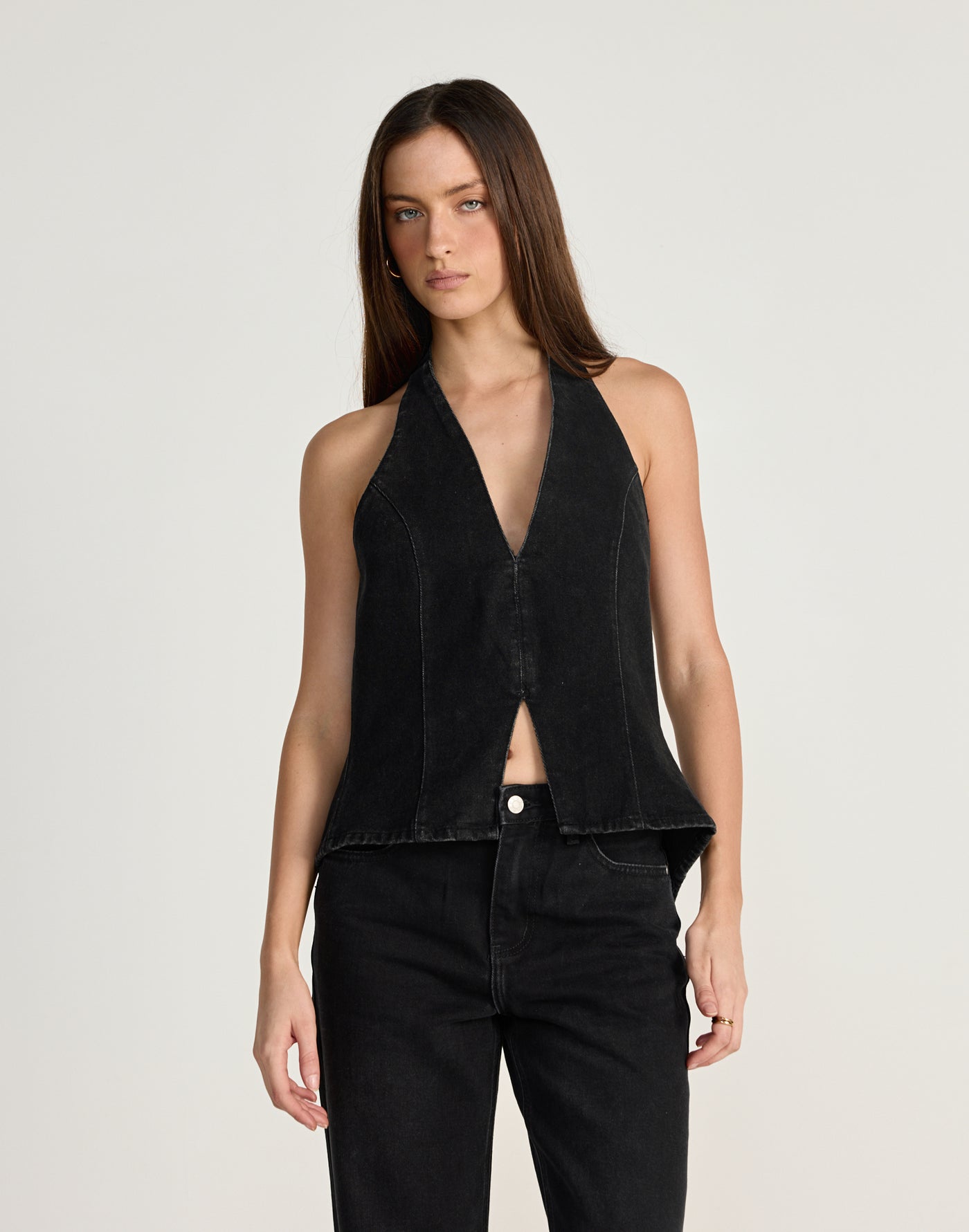 Elham Denim Top (Vintage Black) | CHARCOAL Exclusive - Denim halter neck top with adjustable tie up back - Women's Top - Charcoal Clothing