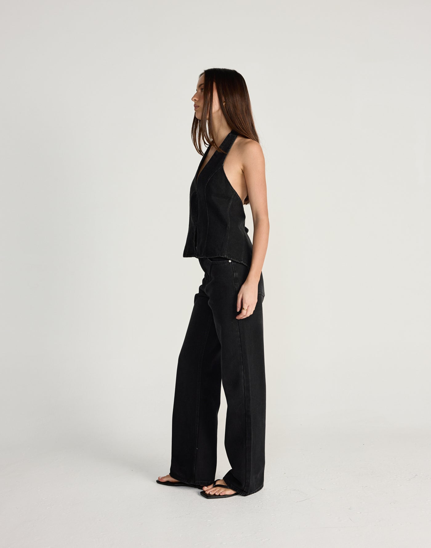 Elham Denim Top (Vintage Black) | CHARCOAL Exclusive - Denim halter neck top with adjustable tie up back - Women's Top - Charcoal Clothing