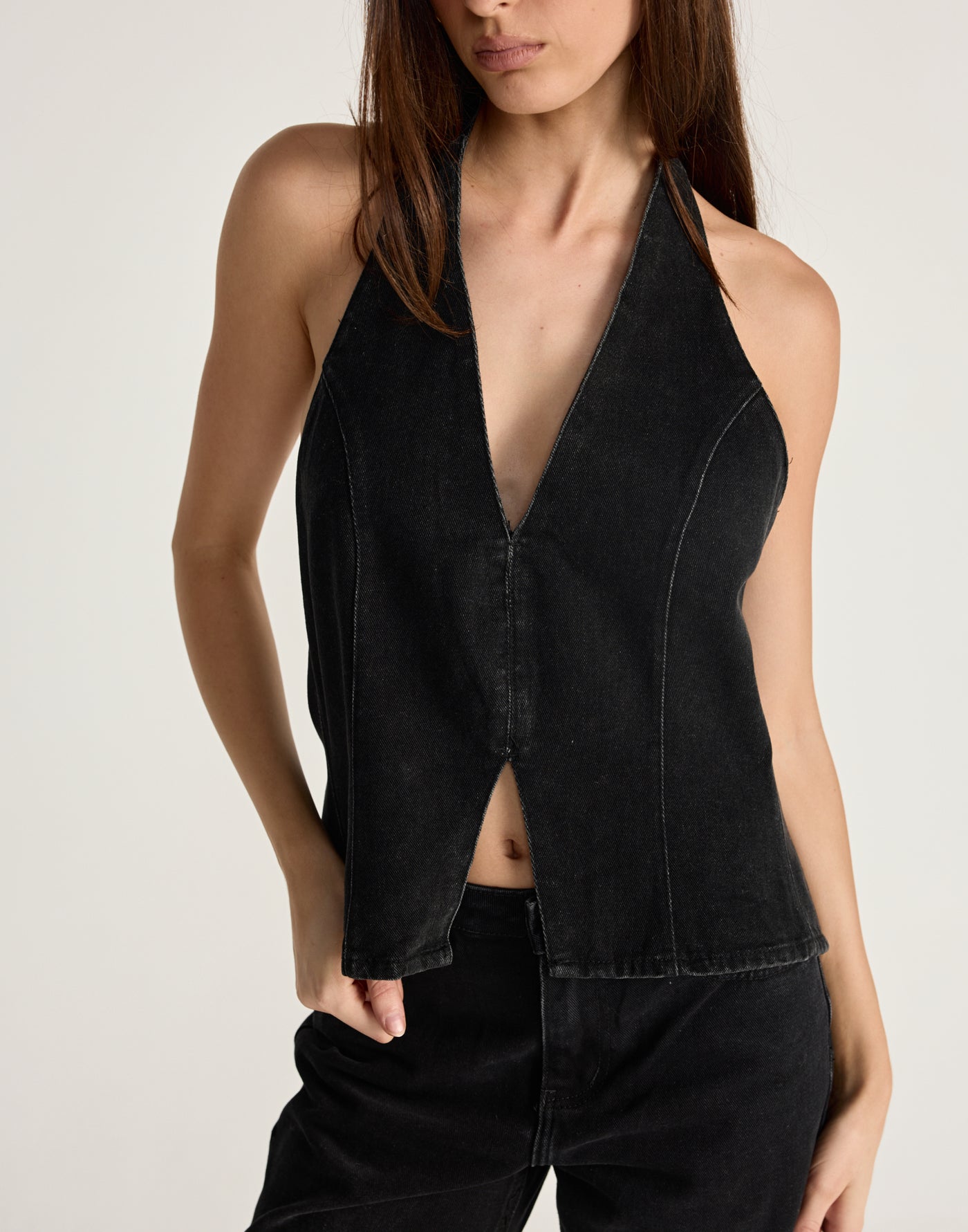 Elham Denim Top (Vintage Black) | CHARCOAL Exclusive - Denim halter neck top with adjustable tie up back - Women's Top - Charcoal Clothing
