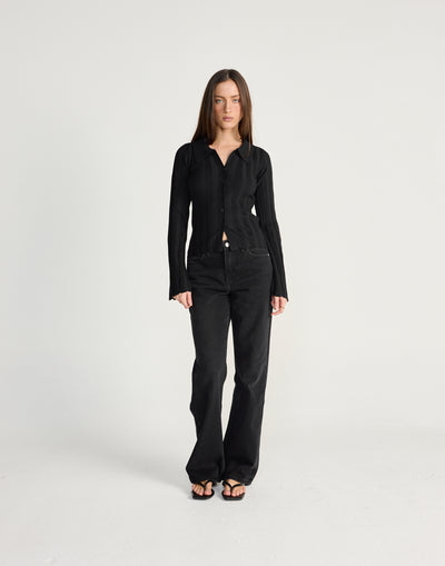 Aluma Top (Black) - CHARCOAL EXCLUSIVE - Black button up long sleeve top - Women's Top - Charcoal Clothing