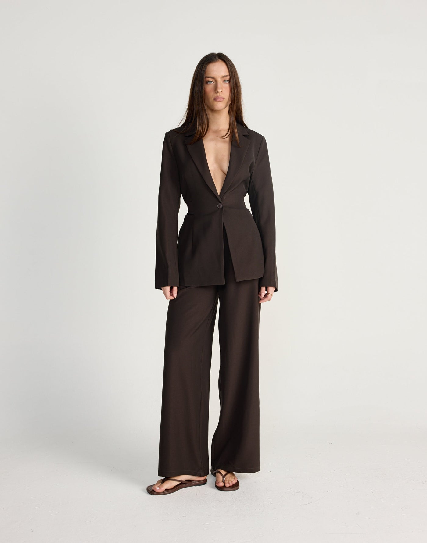 Elwood Blazer (Chocolate) - CHARCOAL EXCLUSIVE - V-neck collared blazer with adjustable tie - Women's Outerwear - Charcoal Clothing