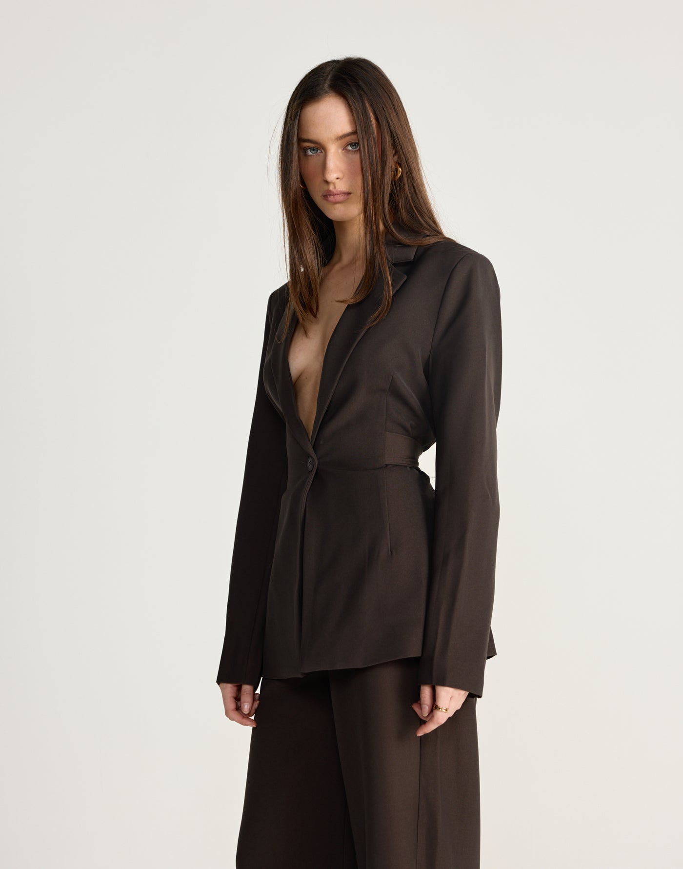 Elwood Blazer (Chocolate) - CHARCOAL EXCLUSIVE - V-neck collared blazer with adjustable tie - Women's Outerwear - Charcoal Clothing