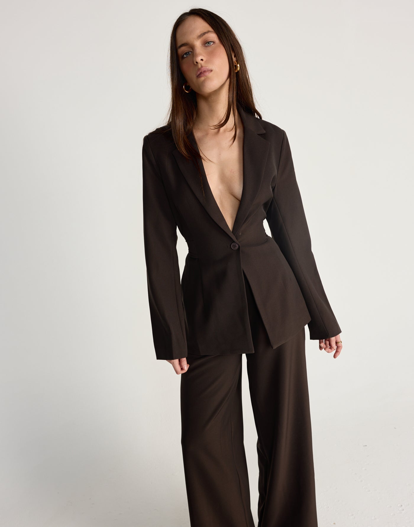 Elwood Blazer (Chocolate) - CHARCOAL EXCLUSIVE - V-neck collared blazer with adjustable tie - Women's Outerwear - Charcoal Clothing