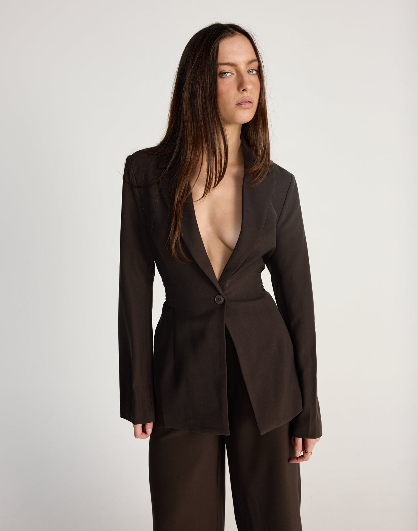 Elwood Blazer (Chocolate) - CHARCOAL EXCLUSIVE - V-neck collared blazer with adjustable tie - Women's Outerwear - Charcoal Clothing