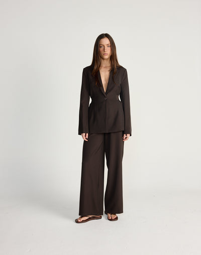 Elwood Blazer (Chocolate) - CHARCOAL EXCLUSIVE - V-neck collared blazer with adjustable tie - Women's Outerwear - Charcoal Clothing