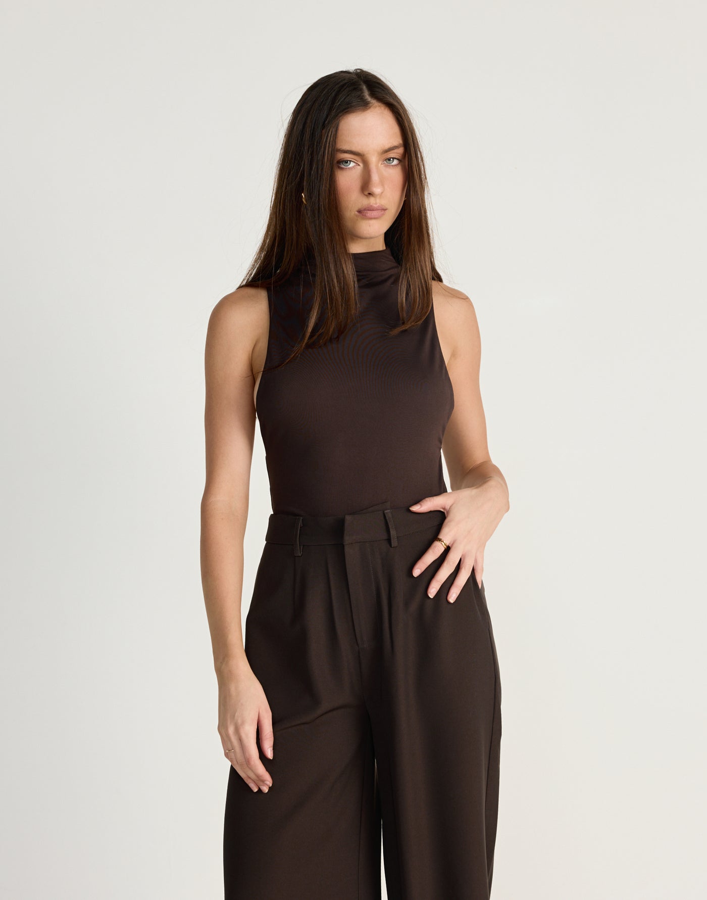 Oren Bodysuit (Chocolate) - CHARCOAL EXCLUSIVE - Mock neckline bodysuit with low cut arm holes - Women's Top - Charcoal Clothing