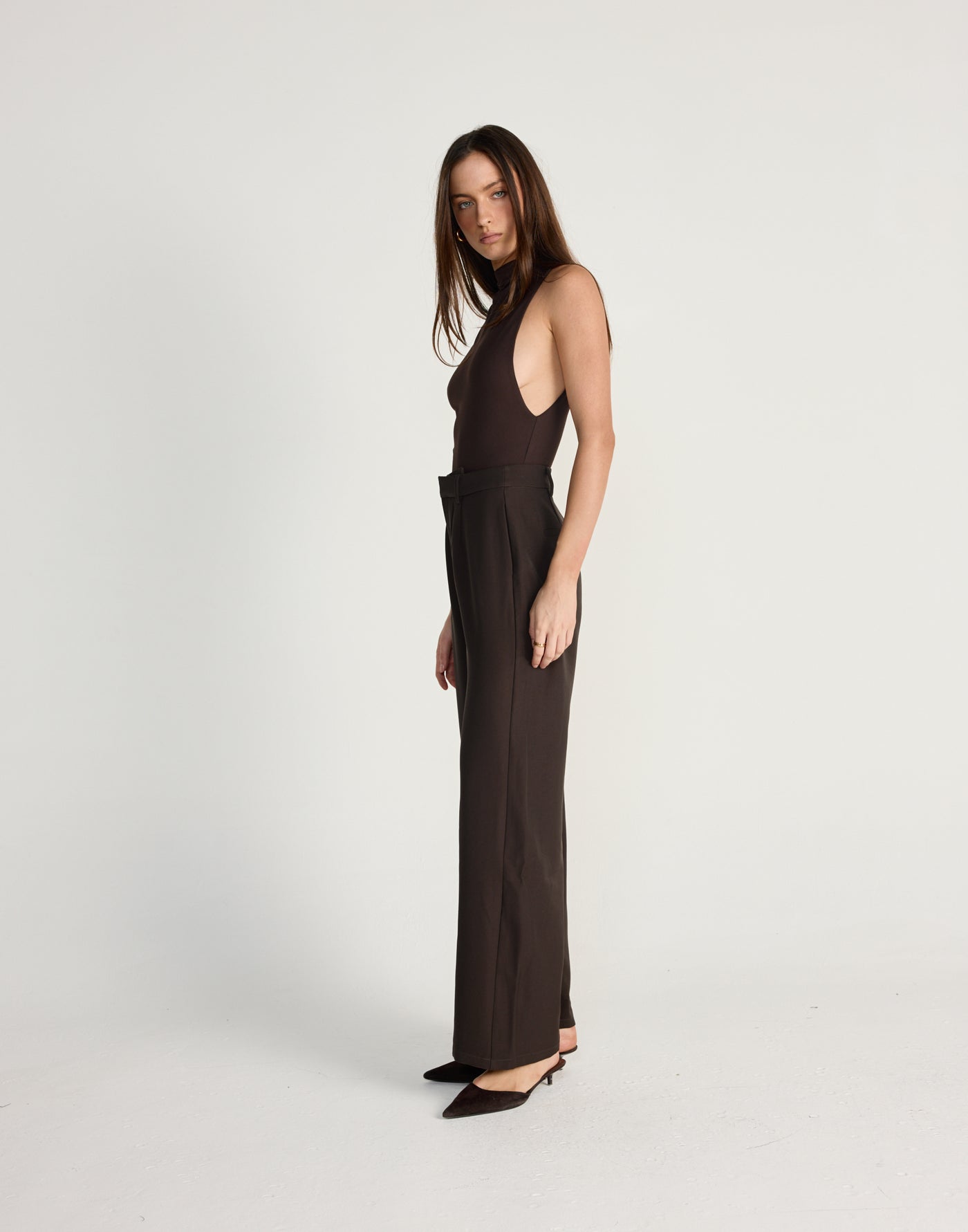 Oren Bodysuit (Chocolate) - CHARCOAL EXCLUSIVE - Mock neckline bodysuit with low cut arm holes - Women's Top - Charcoal Clothing