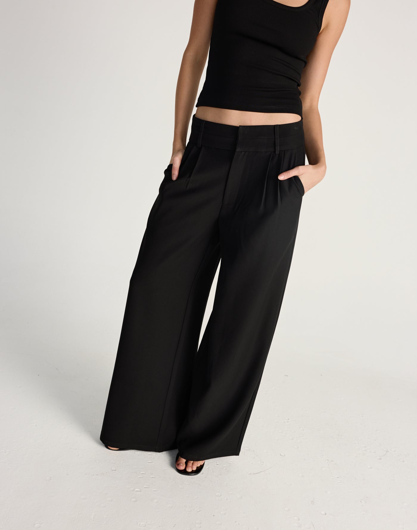 Aster Pants (Black) - CHARCOAL EXCLUSIVE - Black high rise wide leg pants with a double belt looped waistband - Women's Pants - Charcoal Clothing