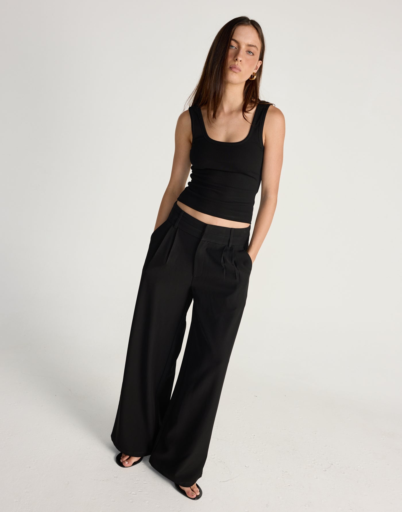Aster Pants (Black) - CHARCOAL EXCLUSIVE - Black high rise wide leg pants with a double belt looped waistband - Women's Pants - Charcoal Clothing
