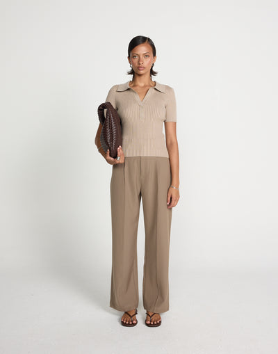 Vandelia Pants - Petite (Mushroom) | CHARCOAL EXCLUSIVE | High waisted straight leg workwear pants - Women's Pants - Charcoal Clothing