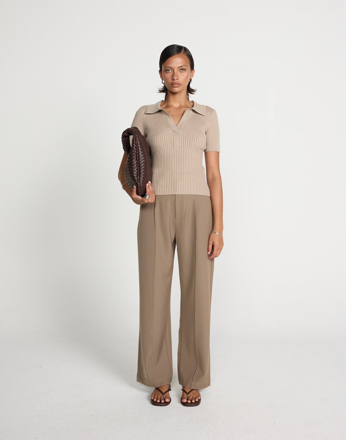Michiko Top (Mocha) | CHARCOAL EXCLUSIVE | Ribbed collared button closure top - Women's Top - Charcoal Clothing
