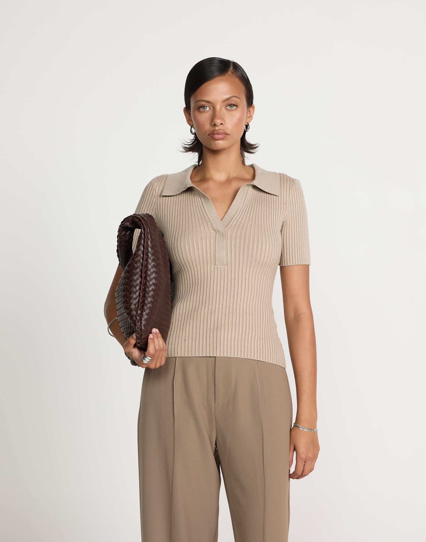 Michiko Top (Mocha) | CHARCOAL EXCLUSIVE | Ribbed collared button closure top - Women's Top - Charcoal Clothing