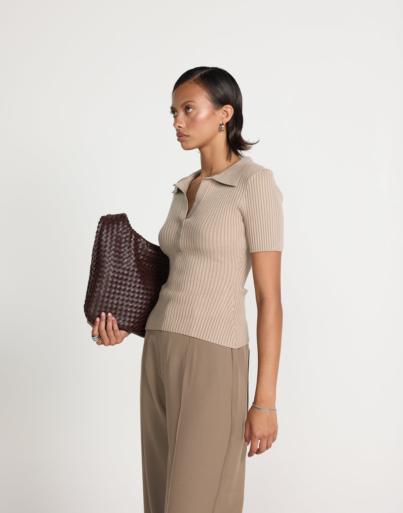 Michiko Top (Mocha) | CHARCOAL EXCLUSIVE | Ribbed collared button closure top - Women's Top - Charcoal Clothing