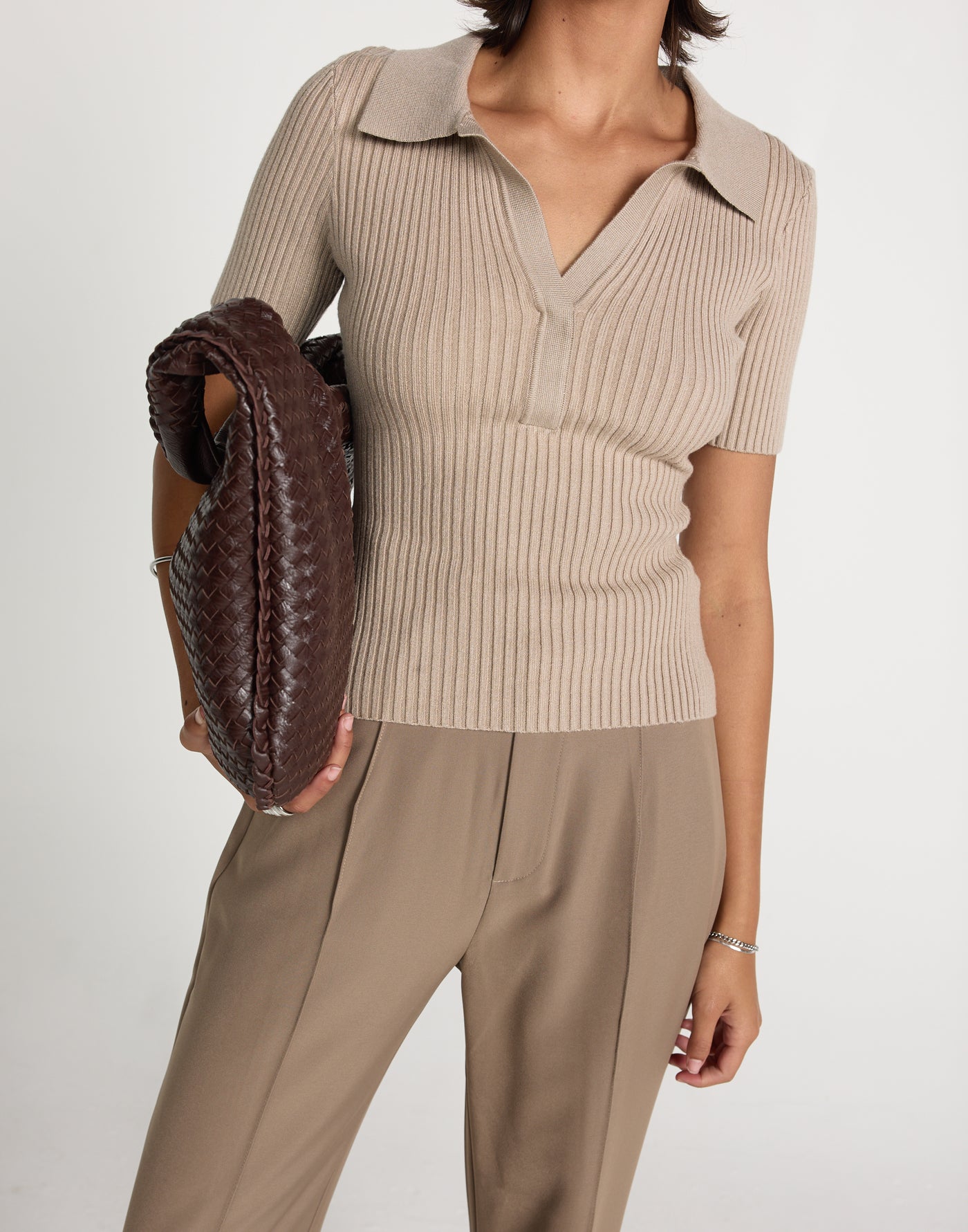 Michiko Top (Mocha) | CHARCOAL EXCLUSIVE | Ribbed collared button closure top - Women's Top - Charcoal Clothing