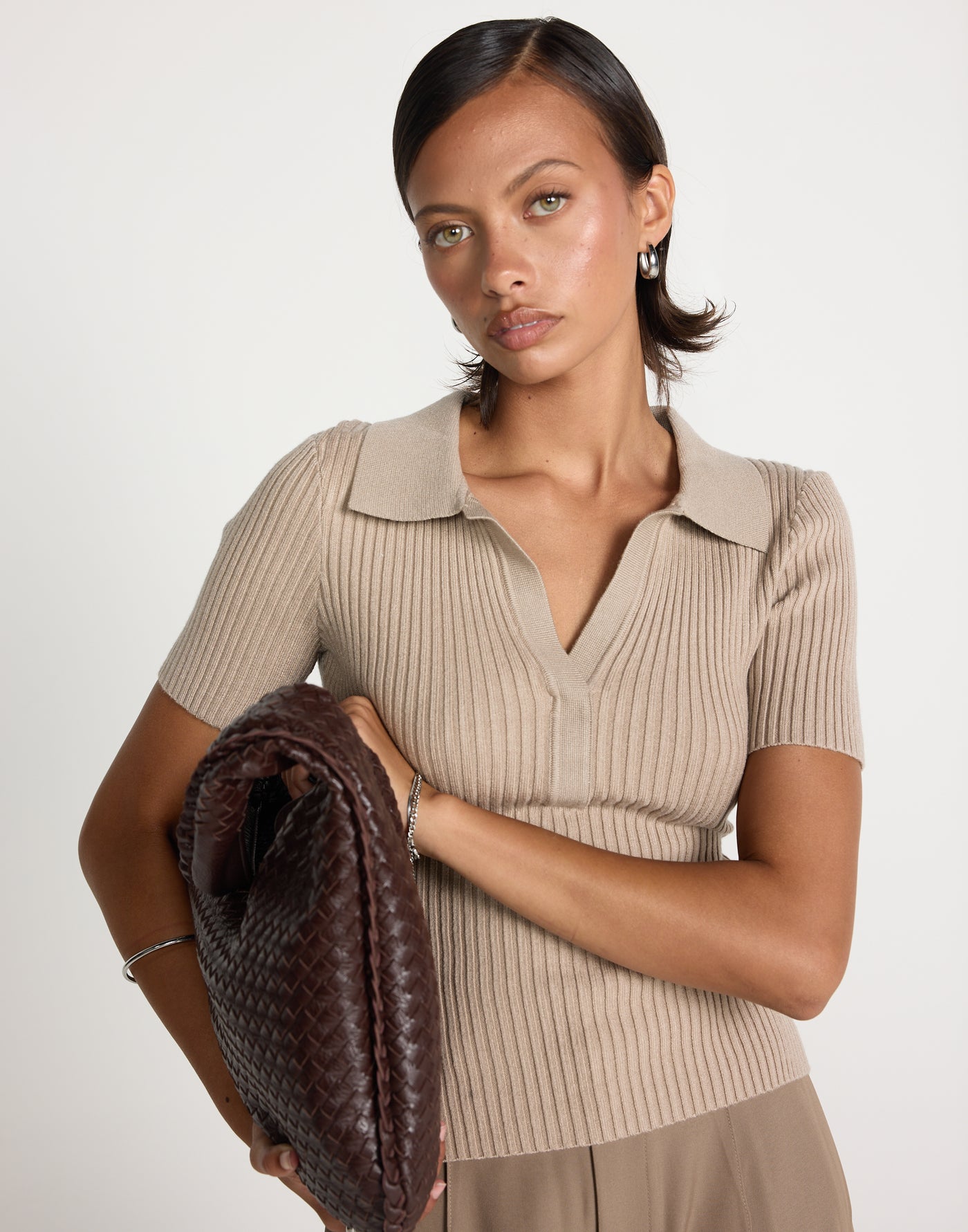 Michiko Top (Mocha) | CHARCOAL EXCLUSIVE | Ribbed collared button closure top - Women's Top - Charcoal Clothing