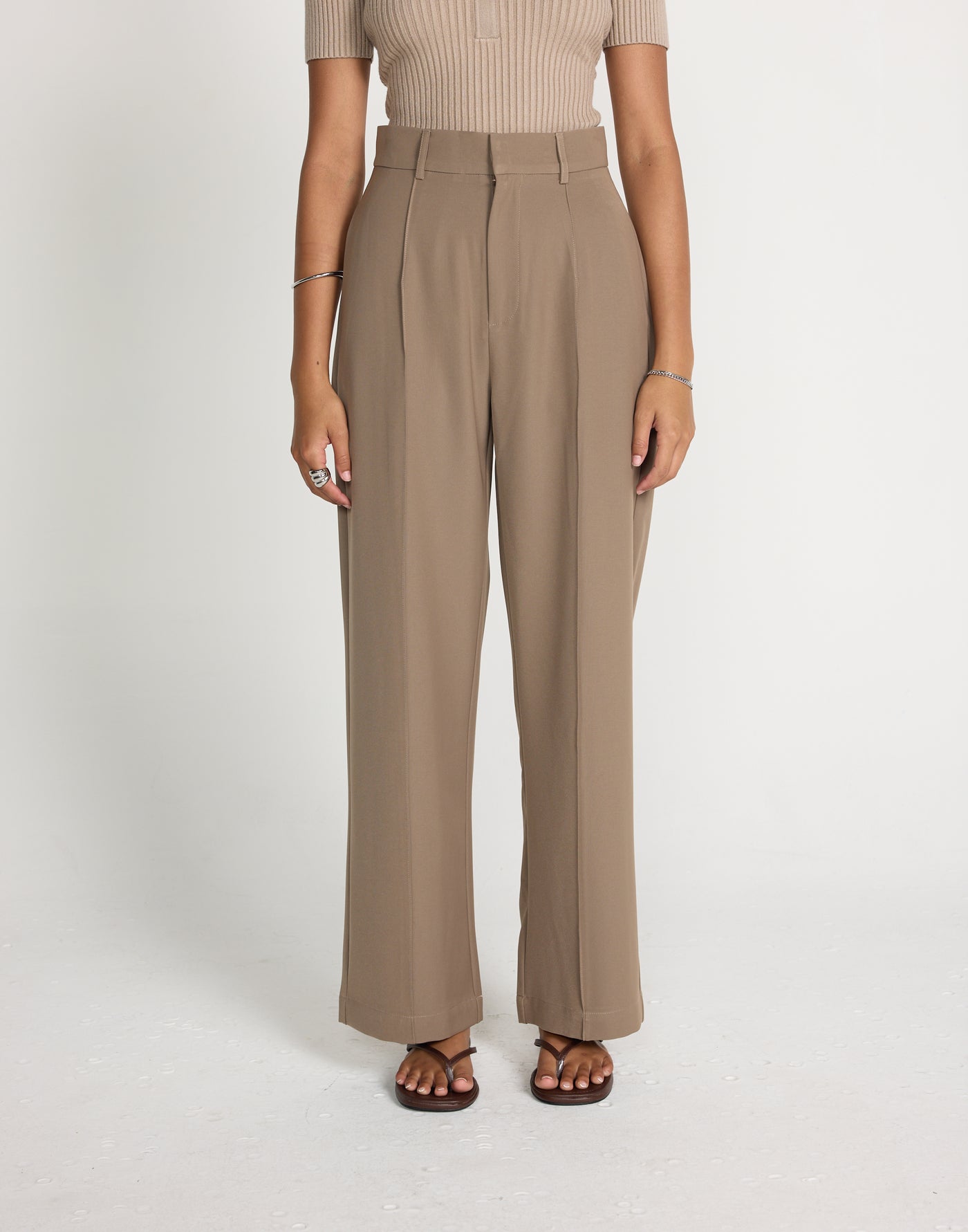 Vandelia Pants - Petite (Mushroom) | CHARCOAL EXCLUSIVE | High waisted straight leg workwear pants - Women's Pants - Charcoal Clothing