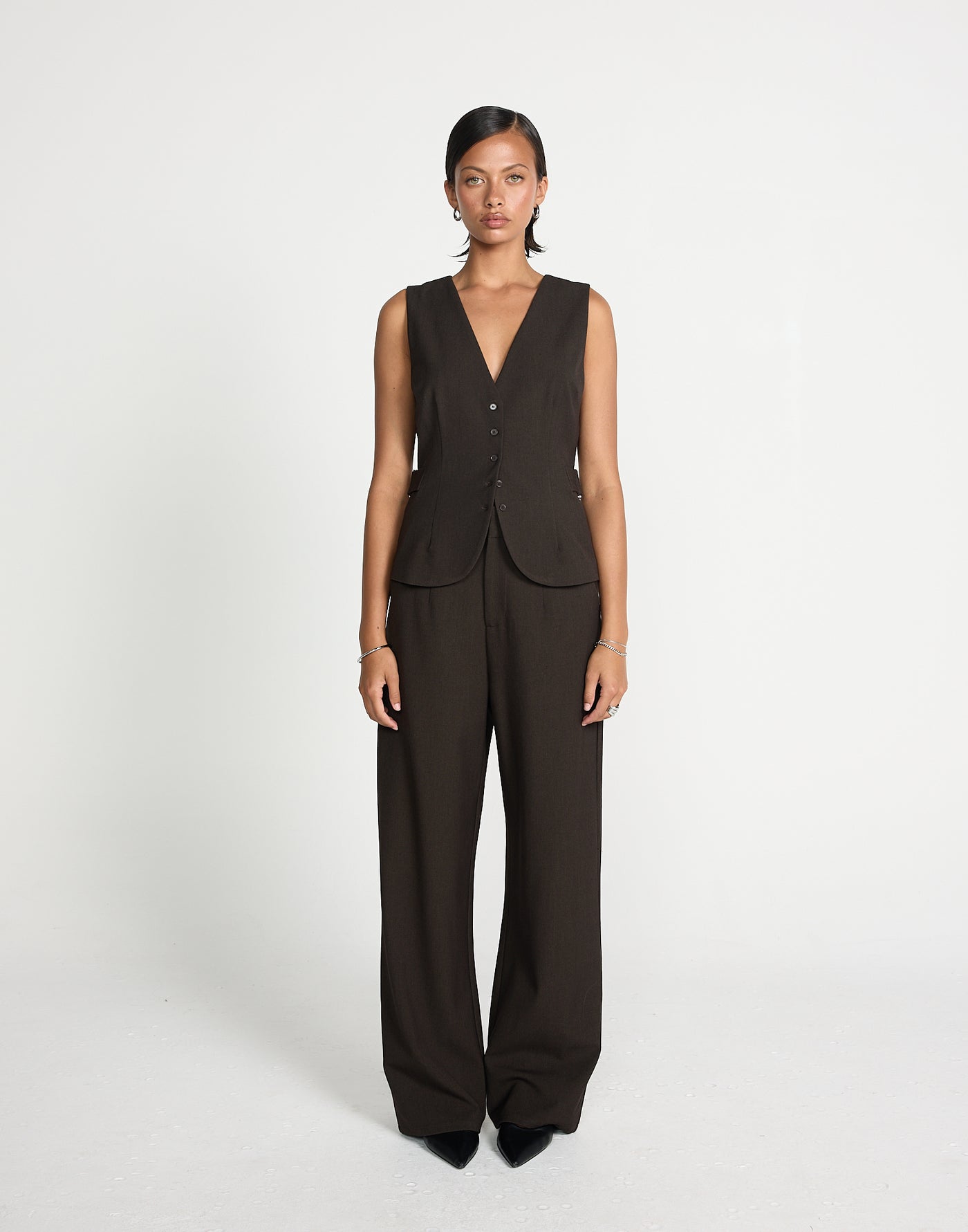 Yori Top (Chocolate) | CHARCOAL EXCLUSIVE | Vest style V neckline top with button closure - Women's Top - Charcoal Clothing