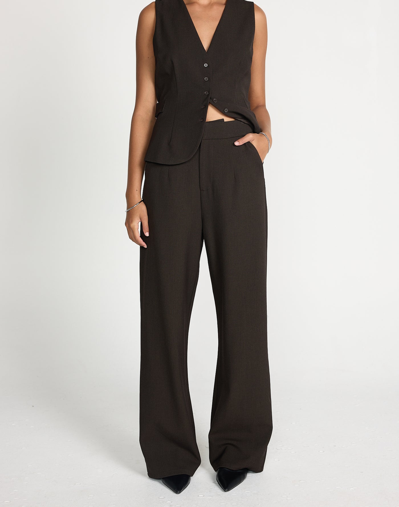 Yori Top (Chocolate) | CHARCOAL EXCLUSIVE | Vest style V neckline top with button closure - Women's Top - Charcoal Clothing