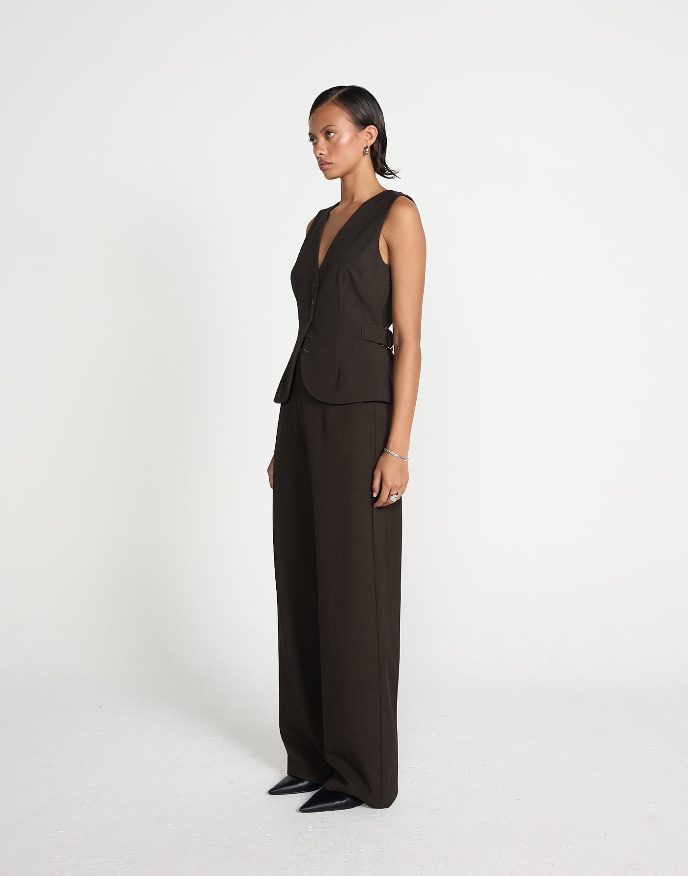 Yori Top (Chocolate) | CHARCOAL EXCLUSIVE | Vest style V neckline top with button closure - Women's Top - Charcoal Clothing