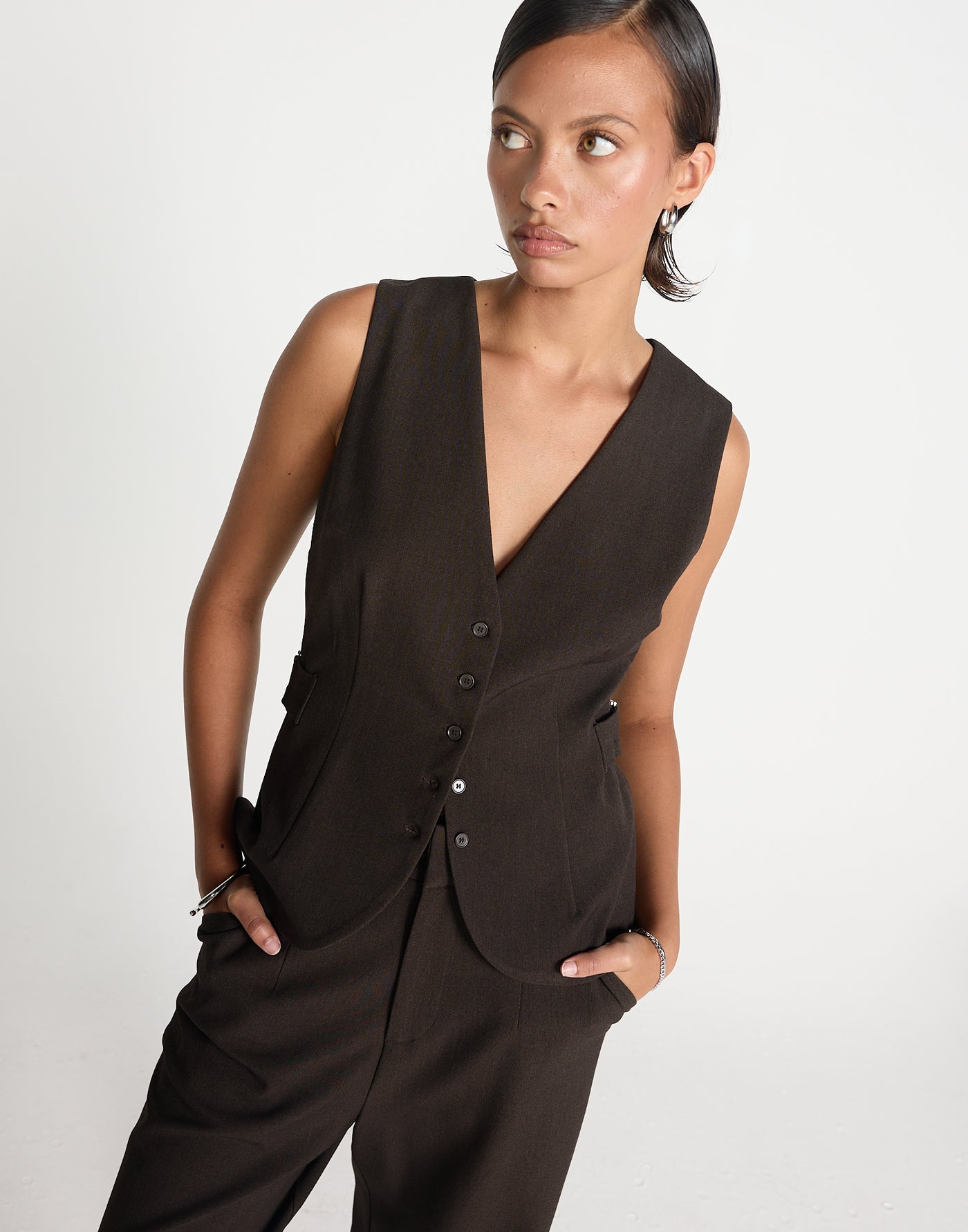 Yori Top (Chocolate) | CHARCOAL EXCLUSIVE | Vest style V neckline top with button closure - Women's Top - Charcoal Clothing