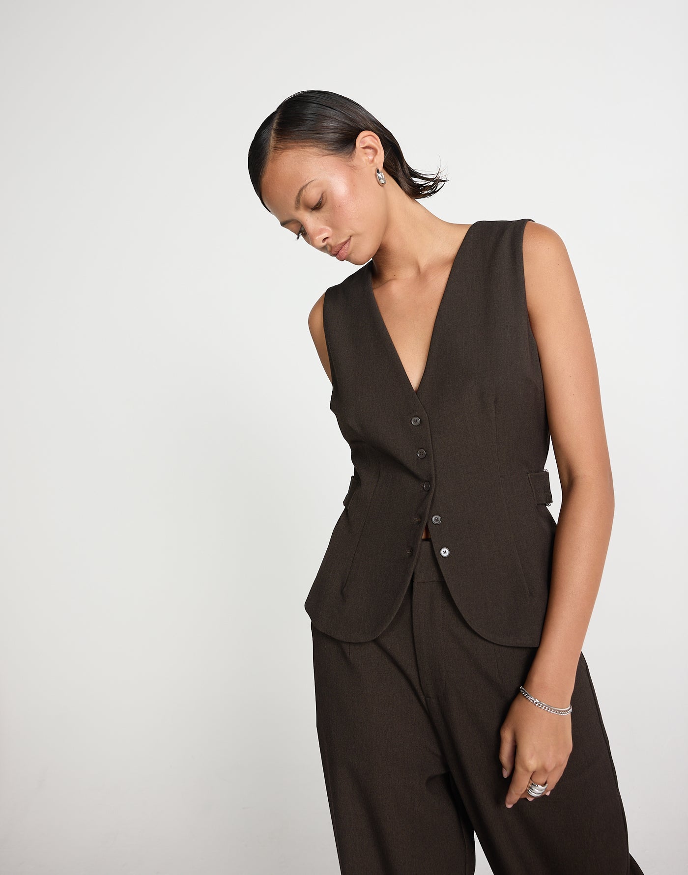 Yori Top (Chocolate) | CHARCOAL EXCLUSIVE | Vest style V neckline top with button closure - Women's Top - Charcoal Clothing