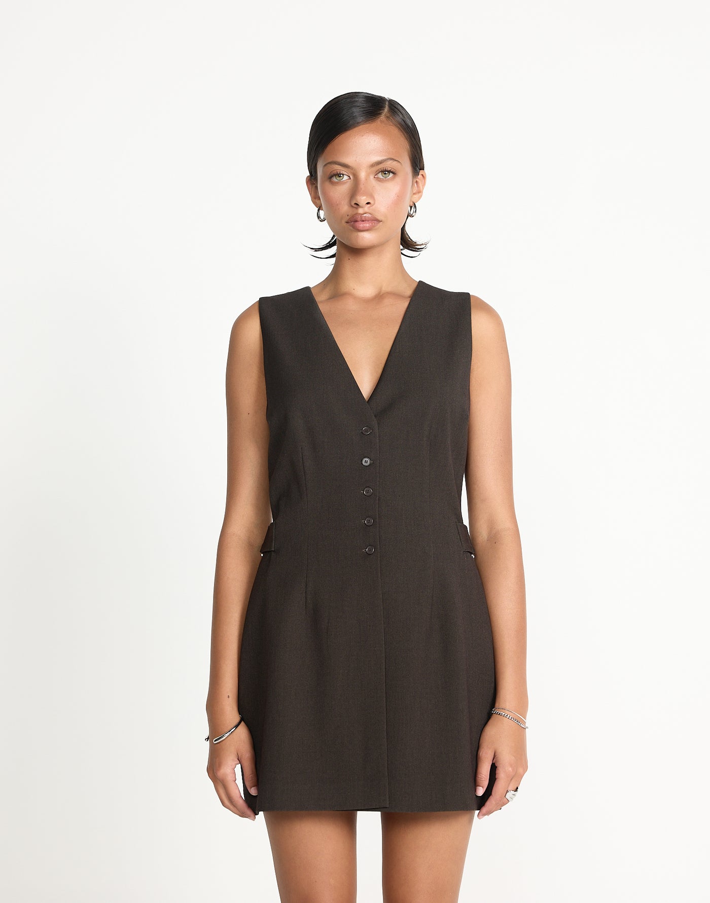 Yori Mini Dress (Chocolate) | CHARCOAL EXCLUSIVE | Button closure v neckline mini dress - Women's Dress - Charcoal Clothing