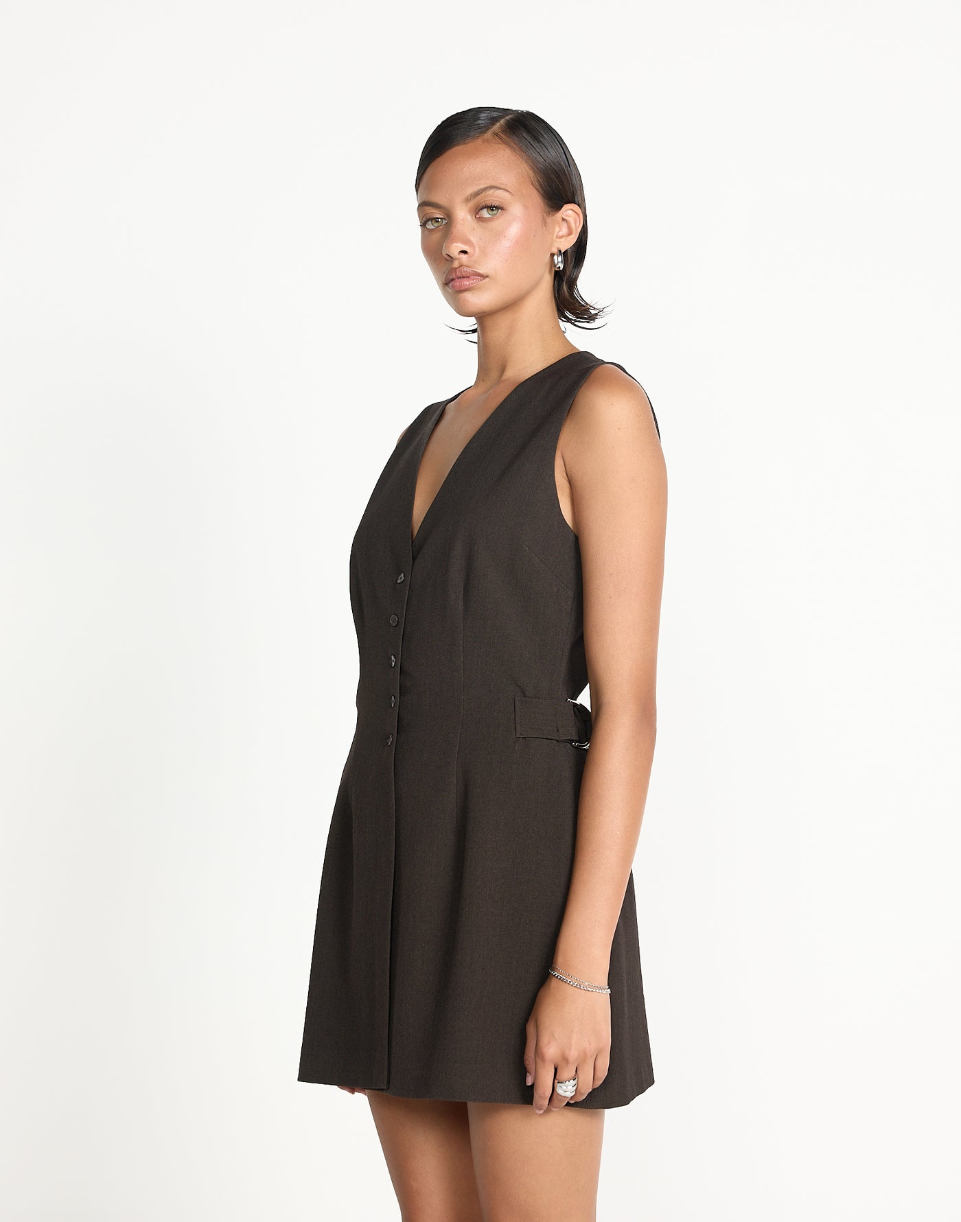 Yori Mini Dress (Chocolate) | CHARCOAL EXCLUSIVE | Button closure v neckline mini dress - Women's Dress - Charcoal Clothing